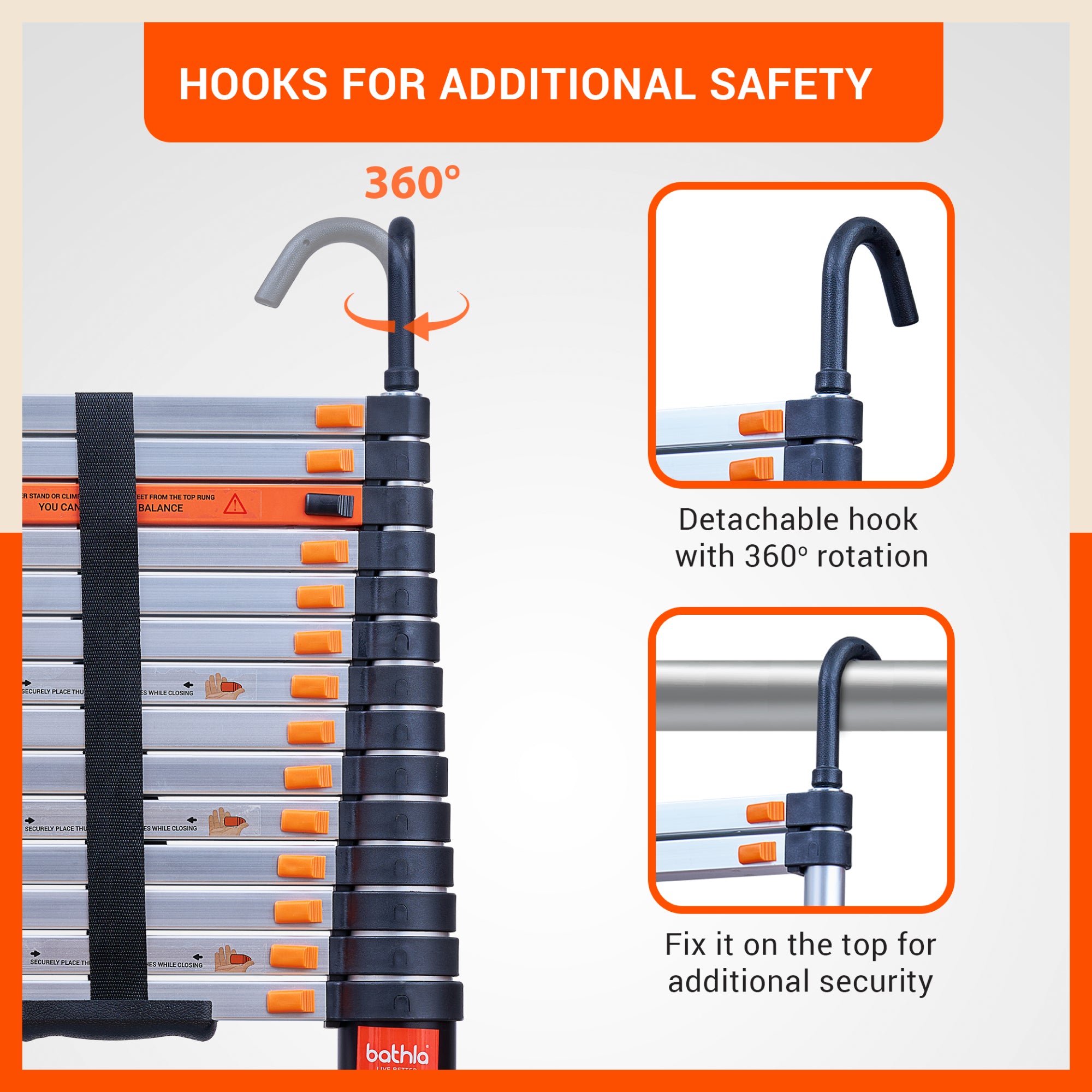 Bathla 14.5ft Aluminium Telescopic Ladder | 2-Year Manufacturer Warranty | Portable & Compact | Made in India (15 Step - 4.4 mtr)