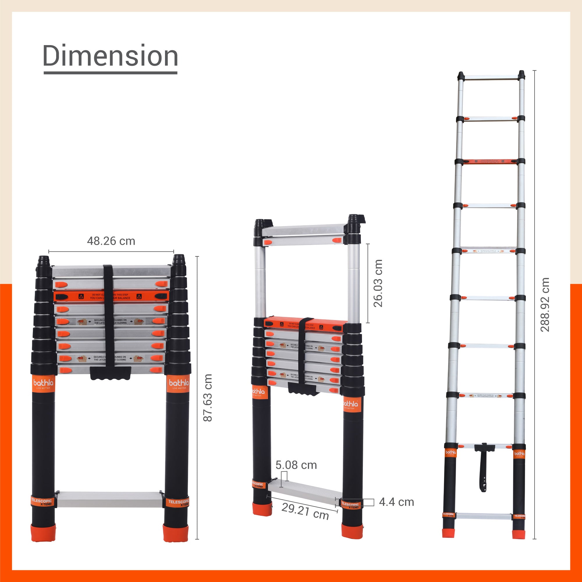 Bathla X-TEND 9.5 ft Aluminium Telescopic Ladder | Made in India (10 Step - 2.9 Mtr)