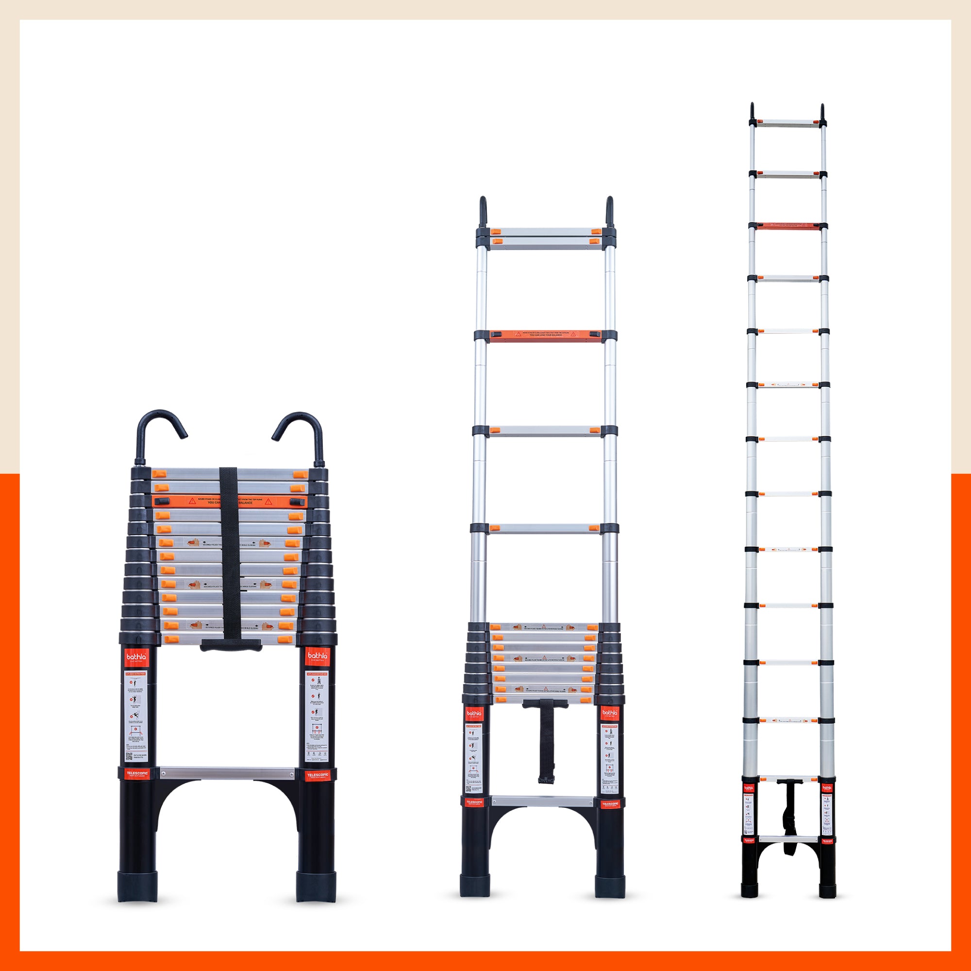 Bathla 18 ft Aluminium Telescopic Ladder with Safety Hooks & Triangle Stabilizers | EN131 Certified | 2-Year Manufacturer Warranty | Portable & Compact |150kg Load Capacity | Made in India (5.5 mtr)