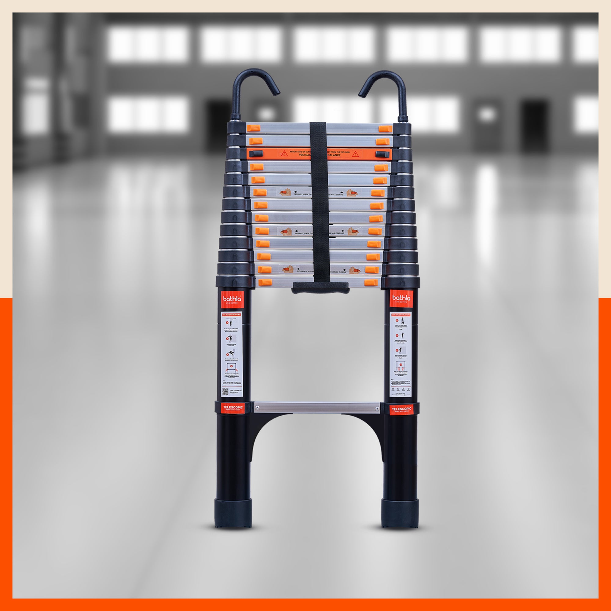 Bathla 18 ft Aluminium Telescopic Ladder with Safety Hooks & Triangle Stabilizers | EN131 Certified | 2-Year Manufacturer Warranty | Portable & Compact |150kg Load Capacity | Made in India (5.5 mtr)