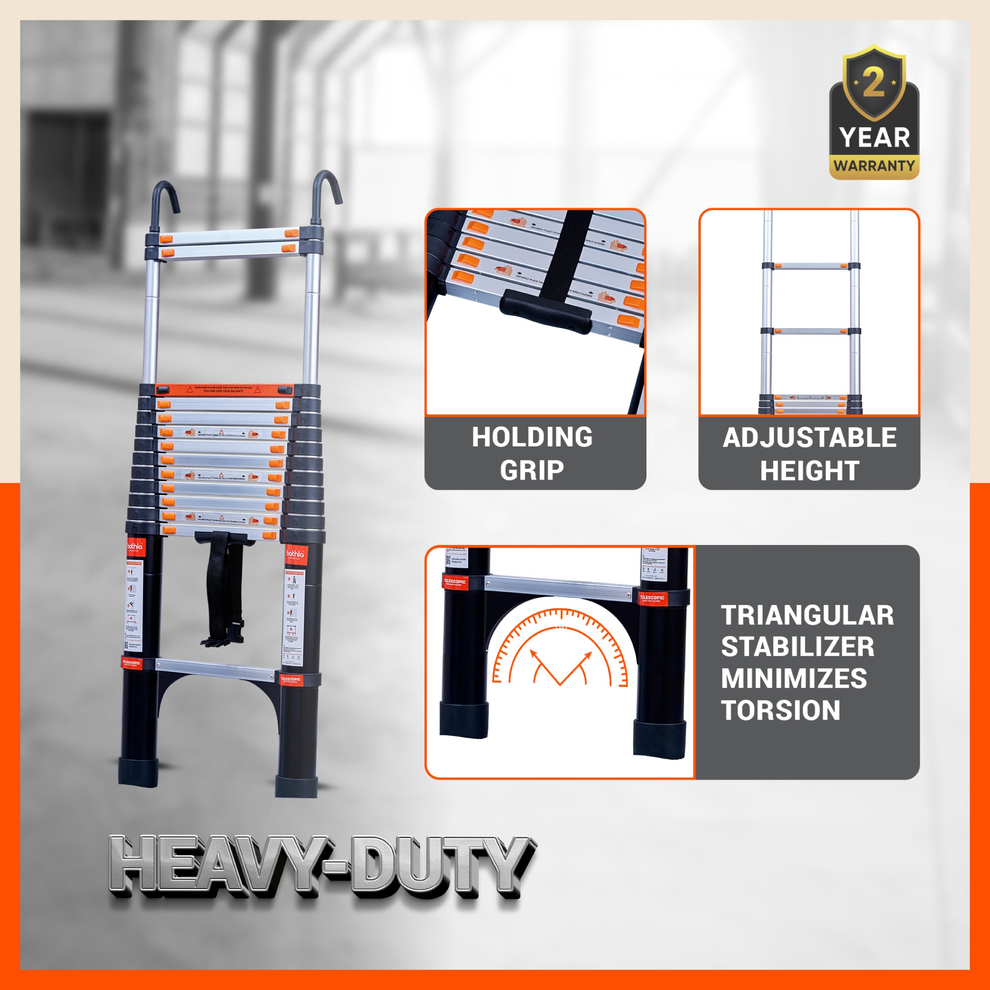 Bathla 18 ft Aluminium Telescopic Ladder with Safety Hooks & Triangle Stabilizers | EN131 Certified | 2-Year Manufacturer Warranty | Portable & Compact |150kg Load Capacity | Made in India (5.5 mtr)