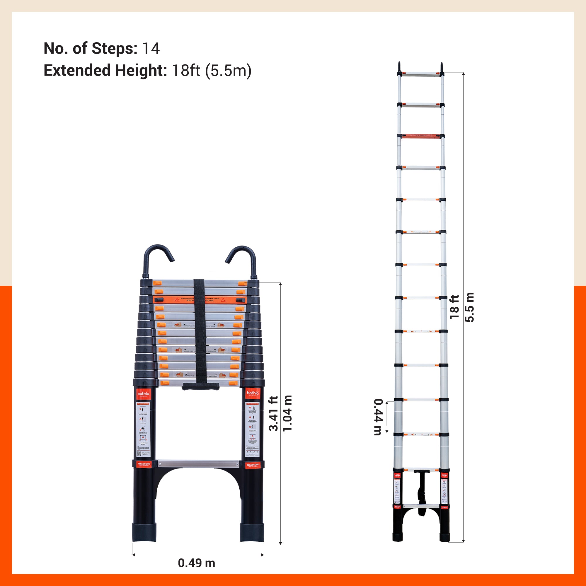 Bathla 18 ft Aluminium Telescopic Ladder with Safety Hooks & Triangle Stabilizers | EN131 Certified | 2-Year Manufacturer Warranty | Portable & Compact |150kg Load Capacity | Made in India (5.5 mtr)