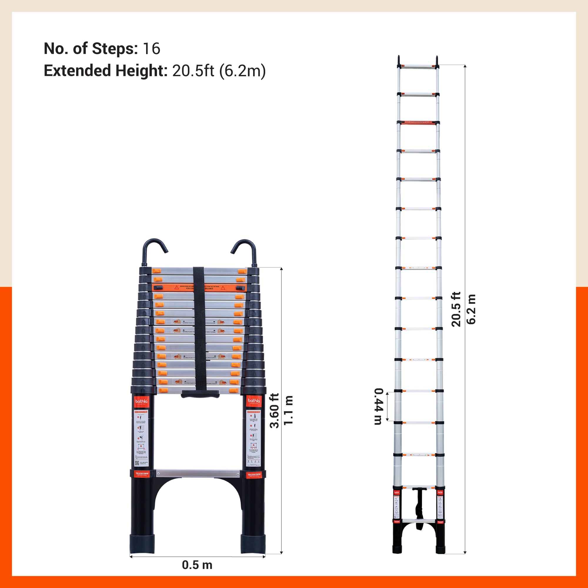 Bathla X-TEND 20.5 ft Aluminium Telescopic Ladder | Made in India (16 Step - 6.2 Mtr)