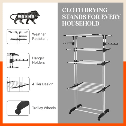 Bathla Mobidry Terra 4 Level Steel Modular Cloth Drying Stand For Home (Black - Extra Large) Made in India