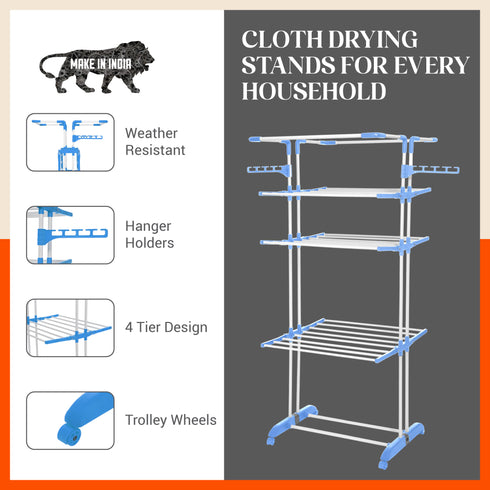 Bathla Mobidry Terra 4 Level Steel Modular Cloth Drying Stand For Home (Blue - Extra Large) Made in India