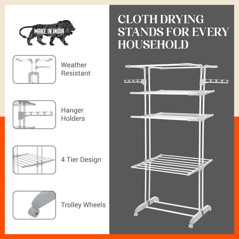Bathla Mobidry Terra 4 Level Steel Modular Cloth Drying Stand For Home (Grey - Extra Large) Made in India