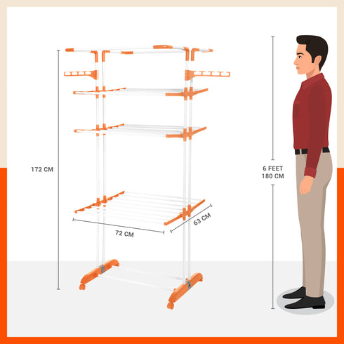 Bathla Mobidry Terra 4 Level Steel Modular Cloth Drying Stand For Home (Orange - Extra Large) Made in India
