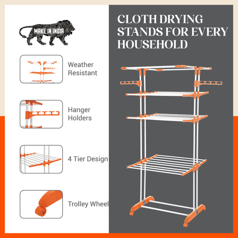 Bathla Mobidry Terra 4 Level Steel Modular Cloth Drying Stand For Home (Orange - Extra Large) Made in India