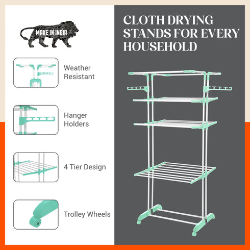 Bathla Mobidry Terra 4 Level Steel Modular Cloth Drying Stand For Home (Teal - Extra Large) Made in India