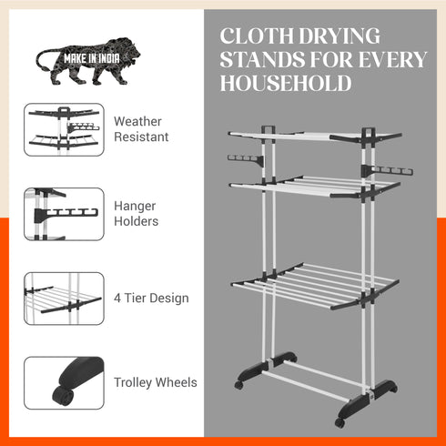 Bathla Mobidry Terra 3 Level Steel Modular Cloth Drying Stand For Home (Black - Large) Made in India