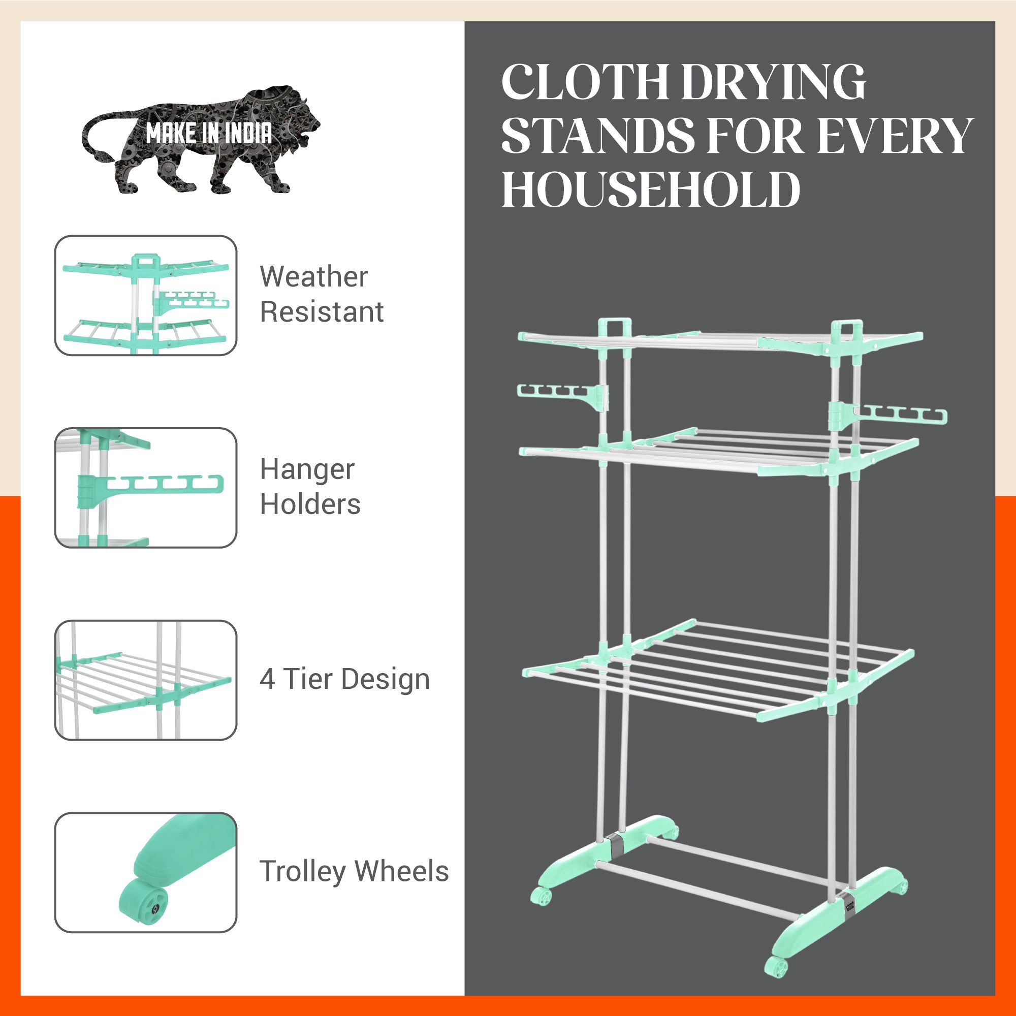 Bathla Mobidry Terra 3 Level Steel Modular Cloth Drying Stand For Home (Teal - Large) Made in India