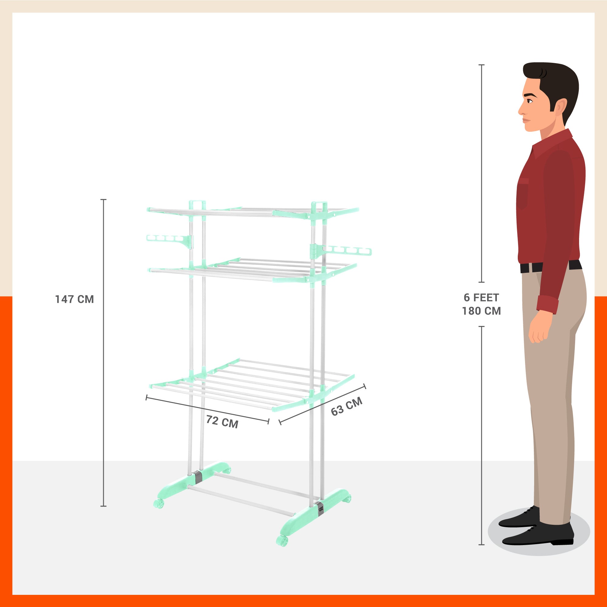 Bathla Mobidry Terra 3 Level Steel Modular Cloth Drying Stand For Home (Teal - Large) Made in India