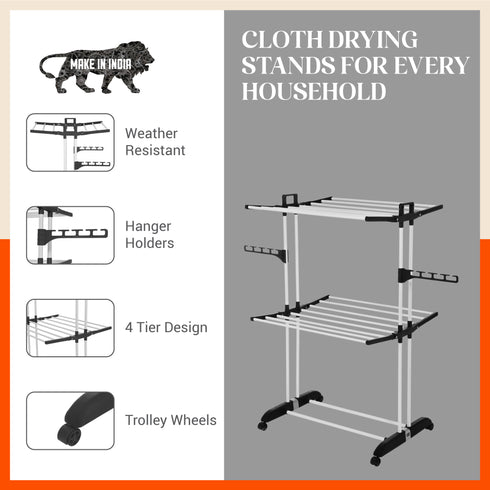 Bathla Mobidry Terra 2 Level Steel Modular Cloth Drying Stand For Home (Black - Medium) Made in India