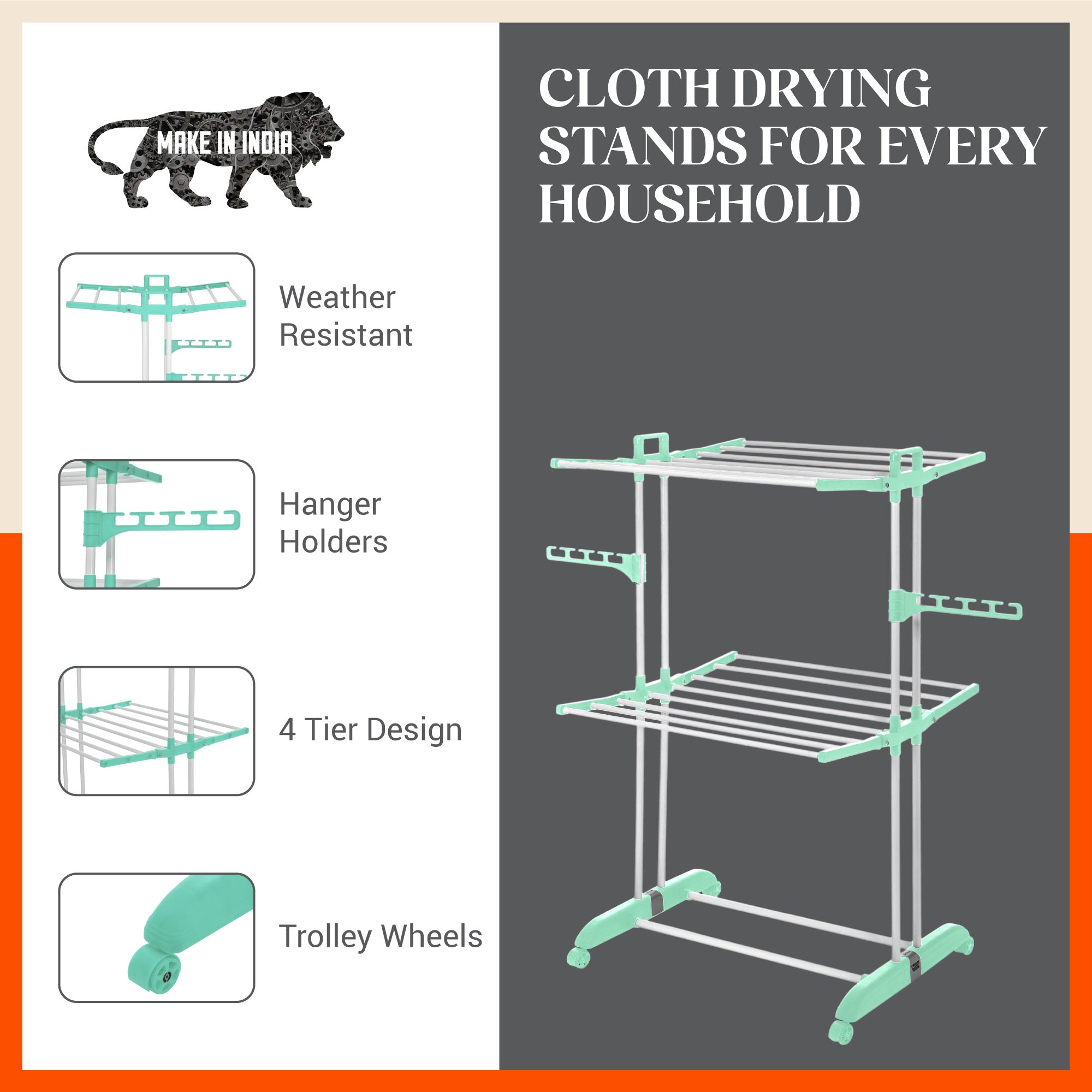 Bathla Mobidry Terra 2 Level Steel Modular Cloth Drying Stand For Home (Teal - Medium) Made in India