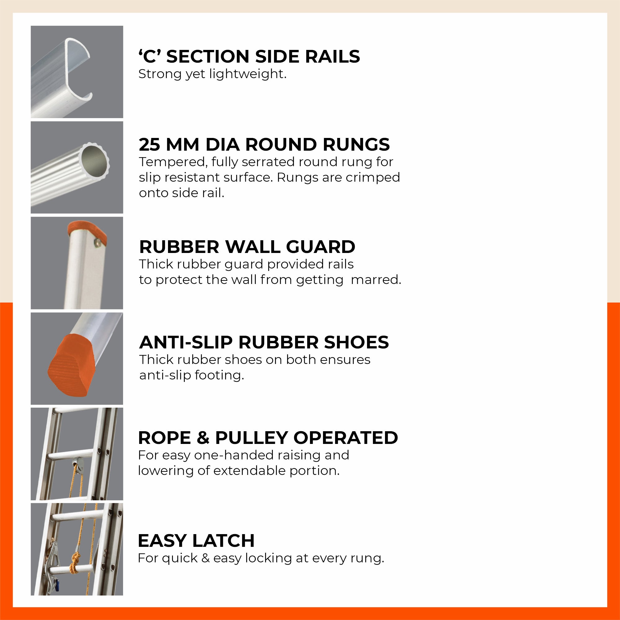 Bathla WE 1100 – Wall Extension Reclining Ladder (C-Section, Round Pipe) with Rope & Pulley System