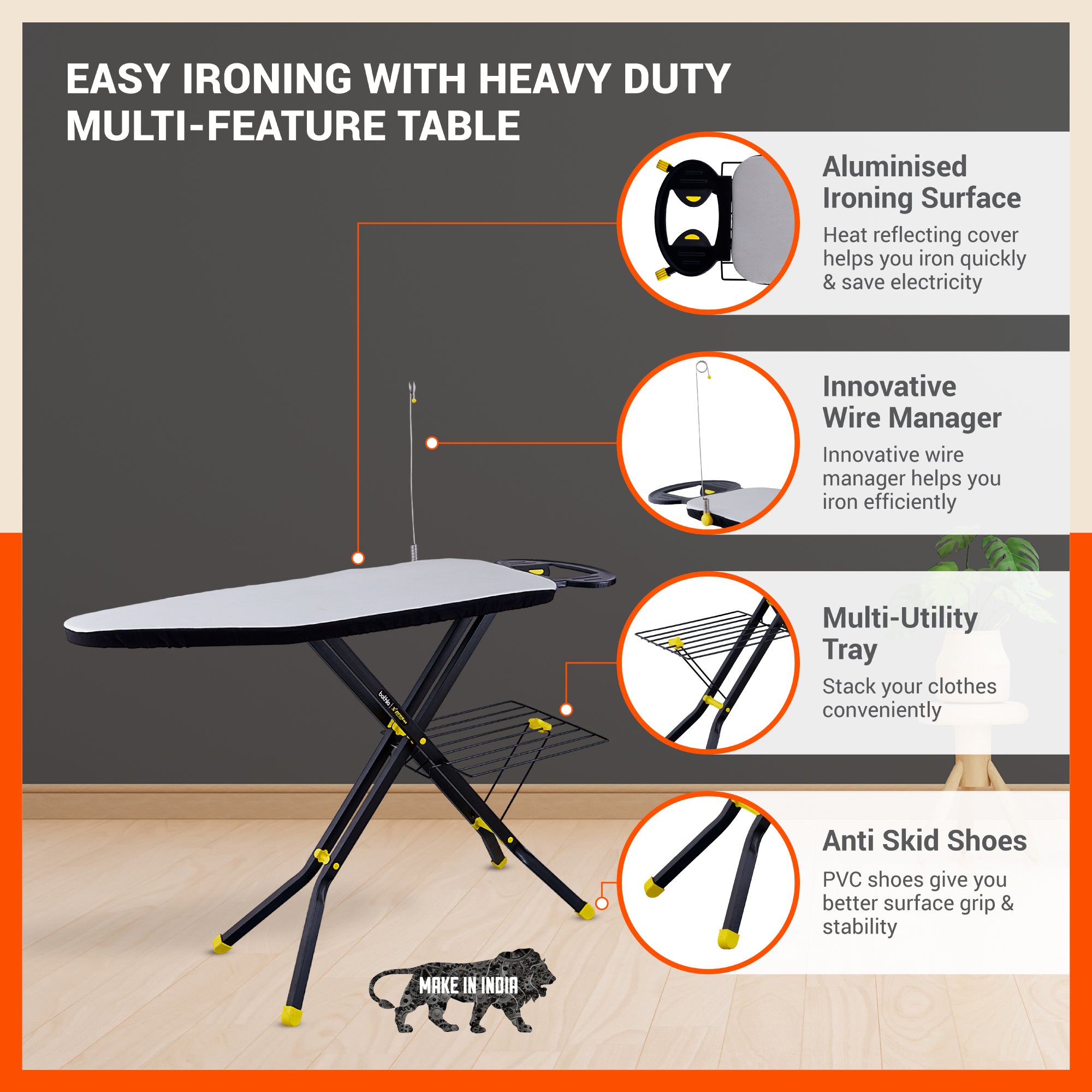 Bathla X-Pres Ace - Foldable Ironing Board For Home (Black & Yellow)