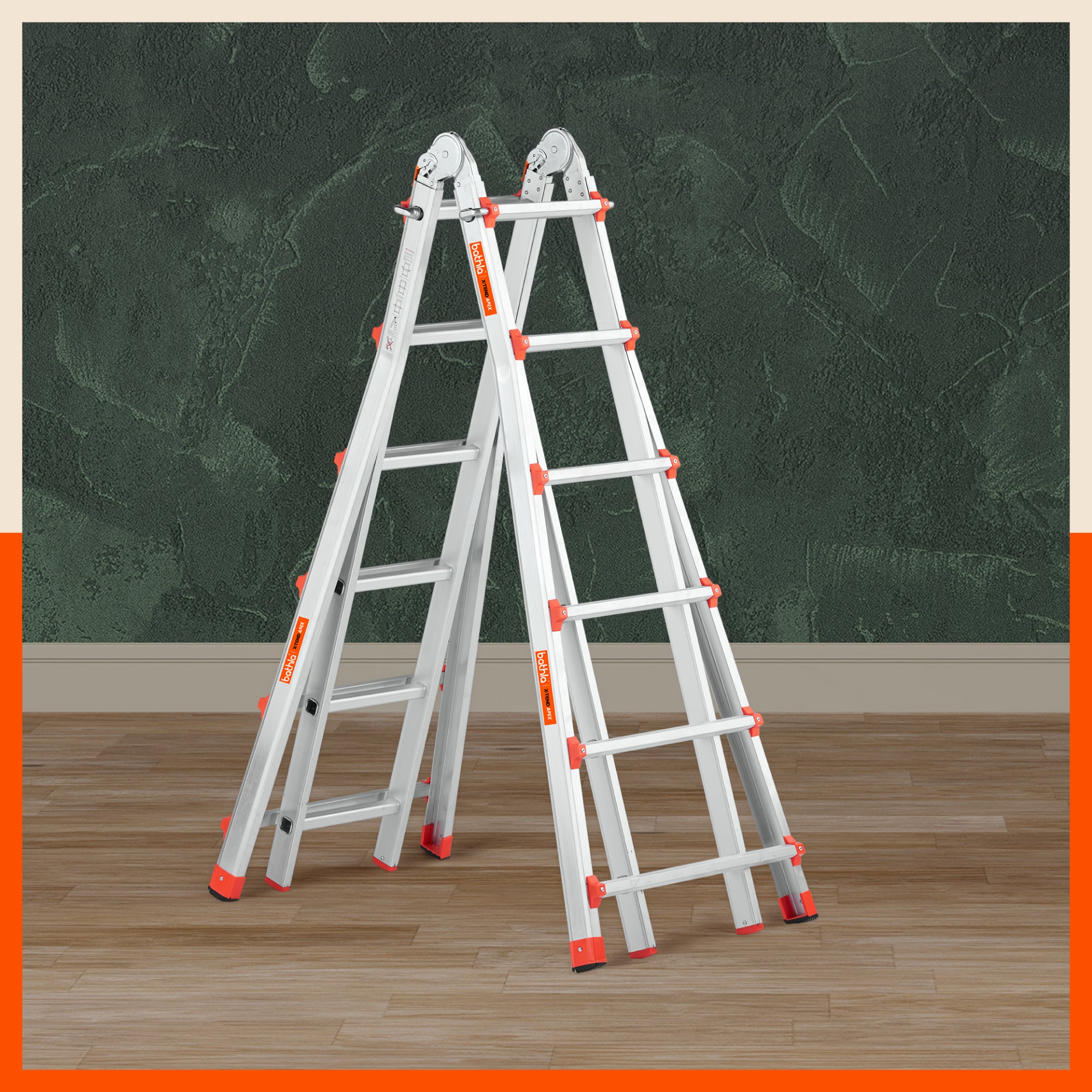 Bathla X-Tend Apex 18.5 Ft Heavy Duty Aluminium Extension Ladder | 150 kg Capacity | Anti-Slip | Multipurpose A-Frame Folding Ladder | Extendable to 5.6 meters