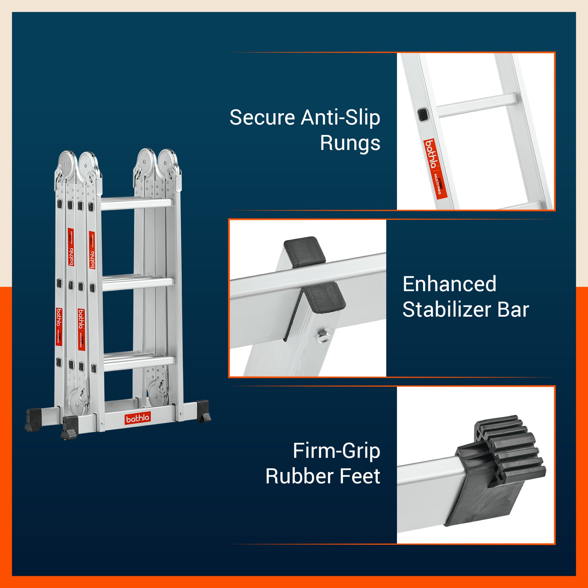 Bathla X-Tend 11.7 Ft Aluminium Multipurpose Foldable Step Ladder | Portable & Compact Folding Design | 150 Kg Load Capacity | 2-Year Warranty
