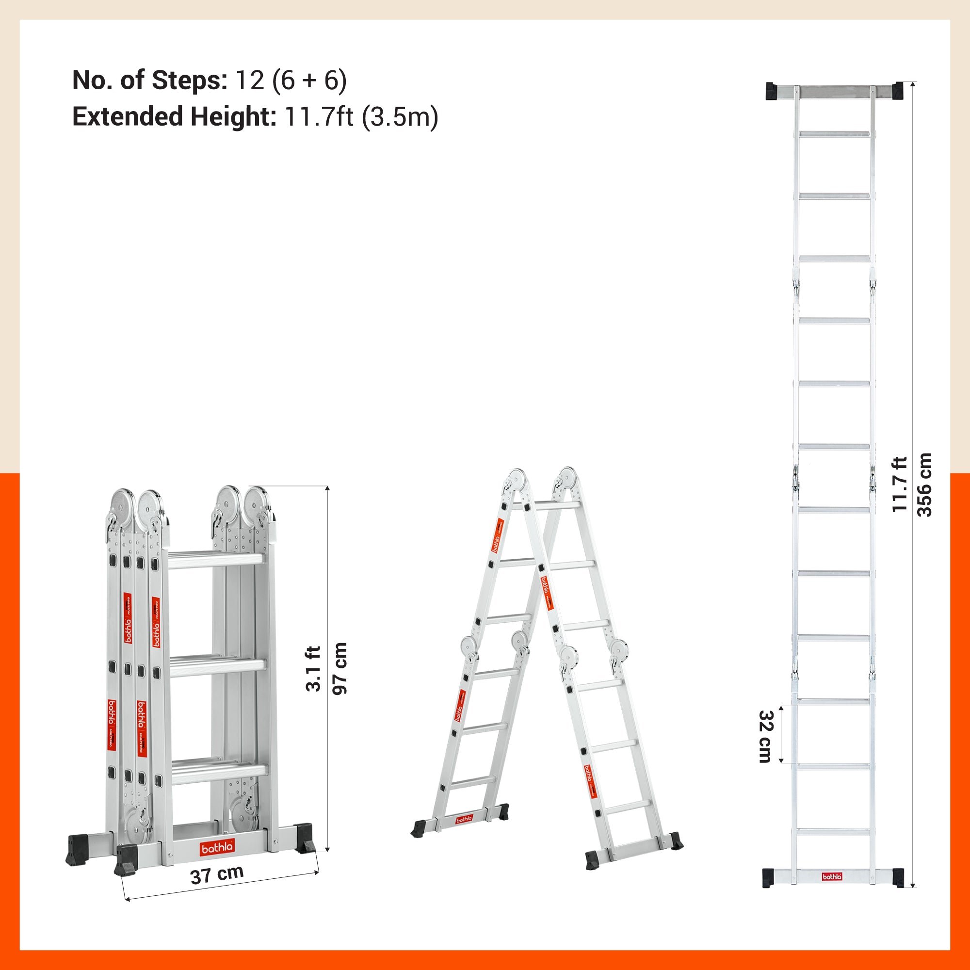 Bathla X-Tend 11.7 Ft Aluminium Multipurpose Foldable Step Ladder | Portable & Compact Folding Design | 150 Kg Load Capacity | 2-Year Warranty