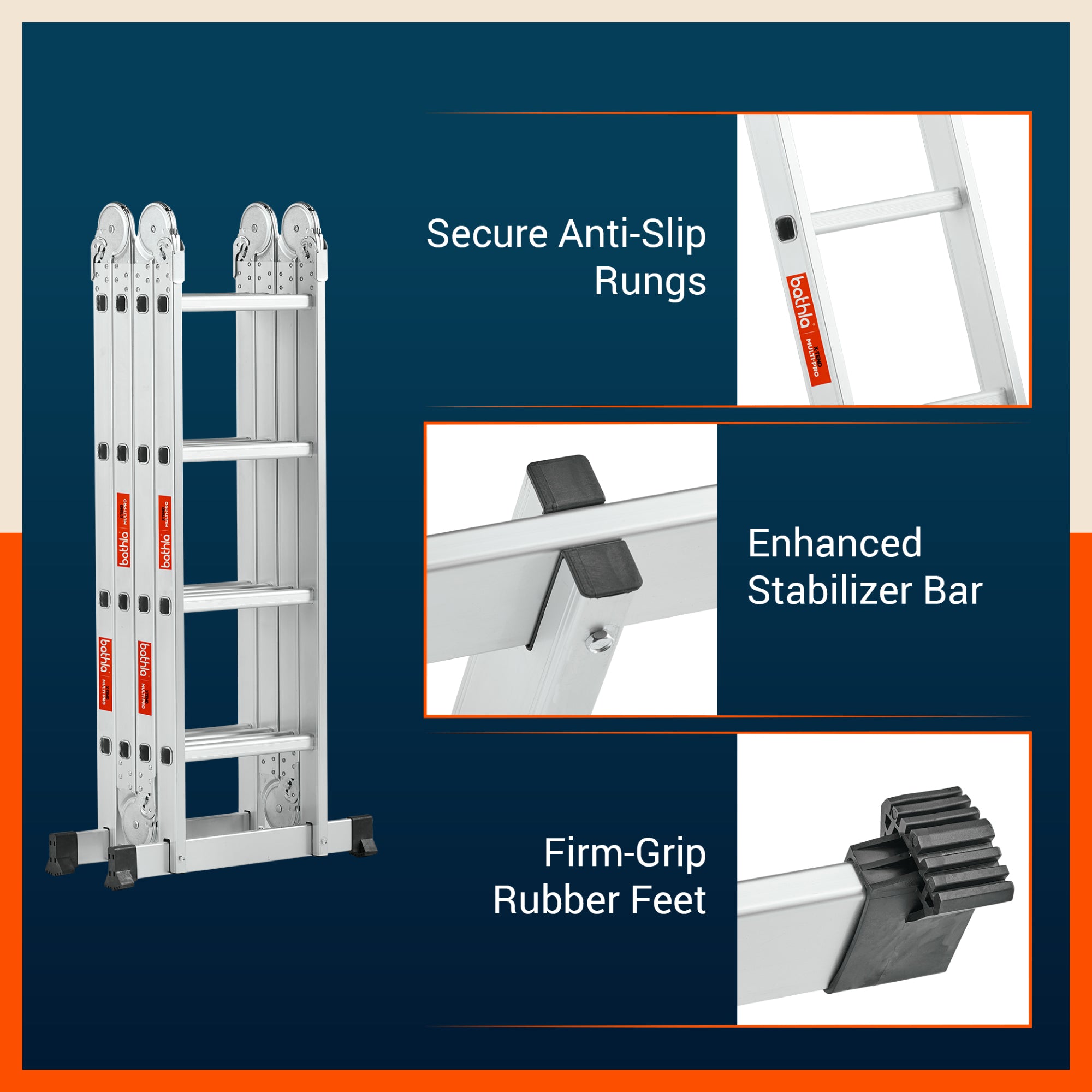 Bathla X-Tend 15 Ft Aluminium Multipurpose Foldable Step Ladder | Portable & Compact Folding Design | 150 Kg Load Capacity | 2-Year Warranty