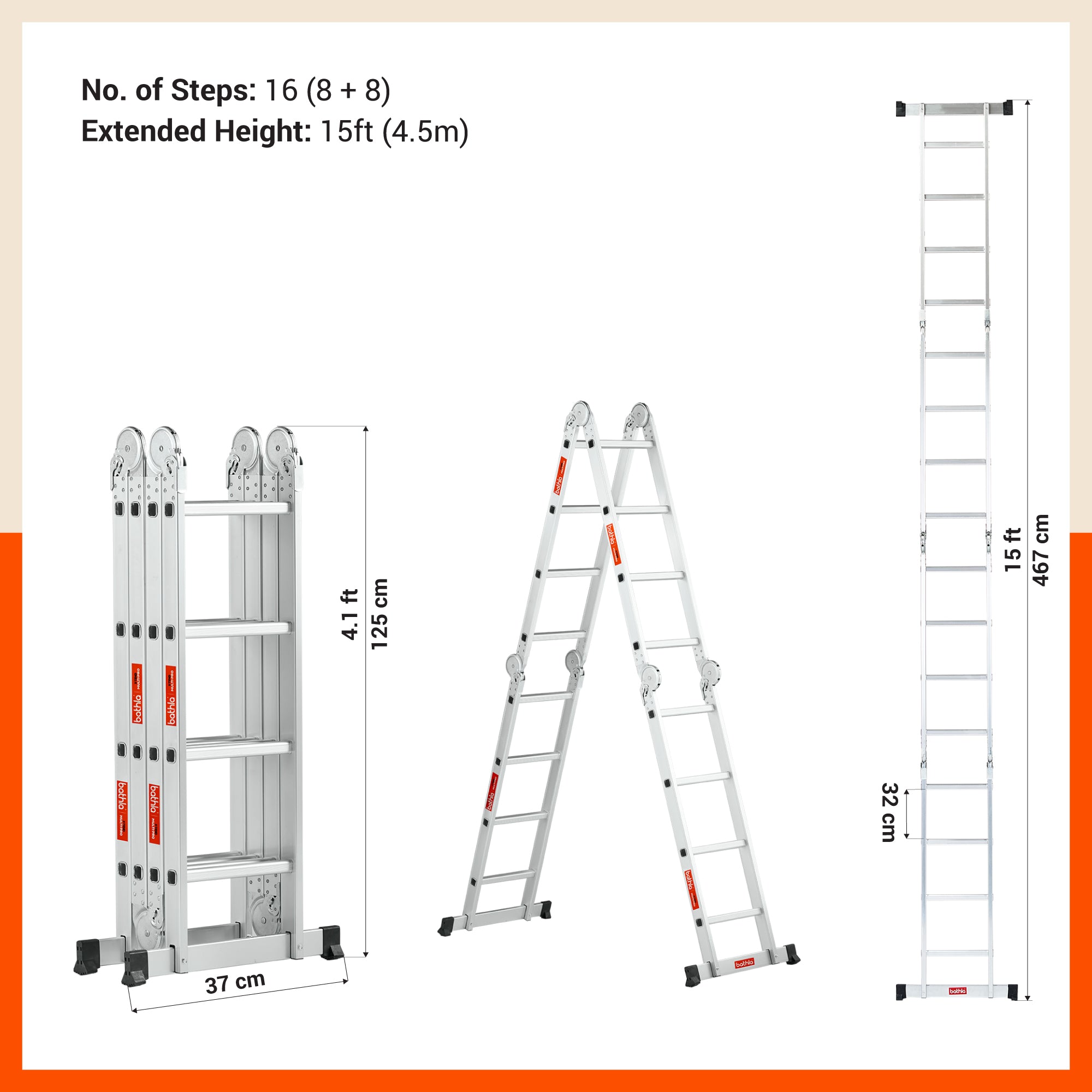 Bathla X-Tend 15 Ft Aluminium Multipurpose Foldable Step Ladder | Portable & Compact Folding Design | 150 Kg Load Capacity | 2-Year Warranty