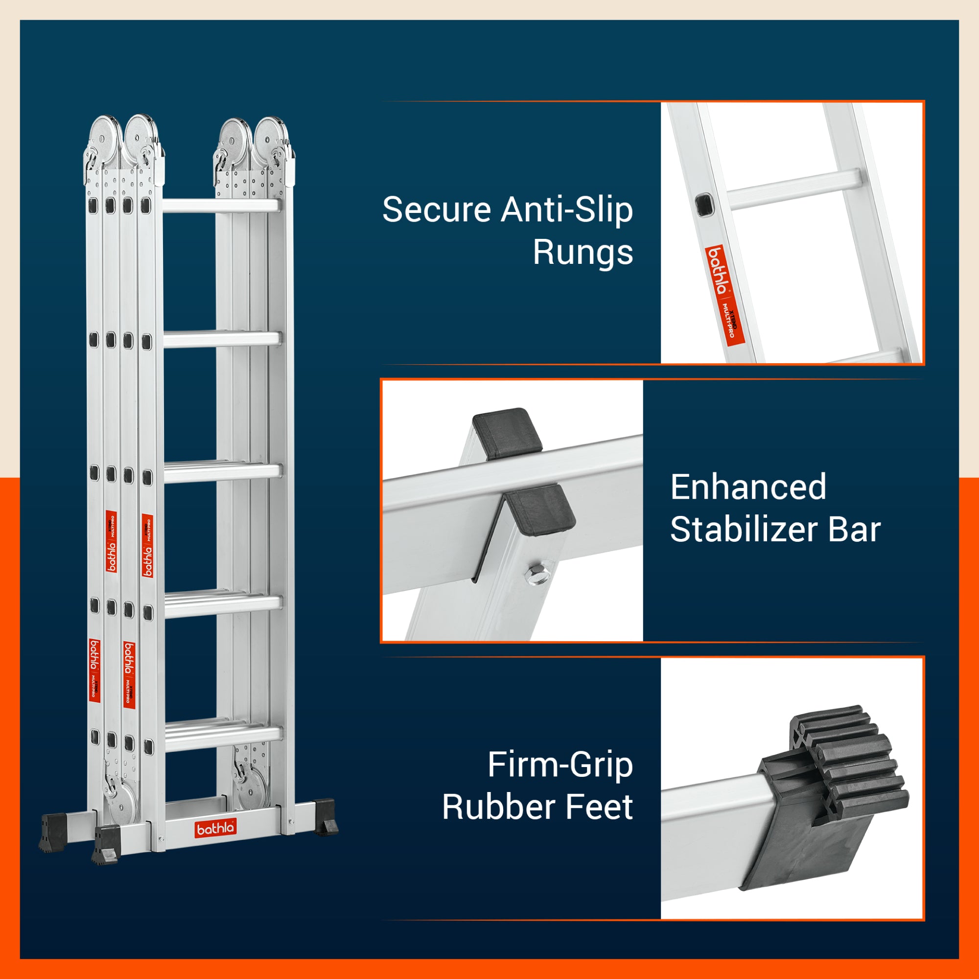 Bathla X-Tend 19 Ft Aluminium Multipurpose Foldable Step Ladder | Portable & Compact Folding Design | 150 Kg Load Capacity | 2-Year Warranty