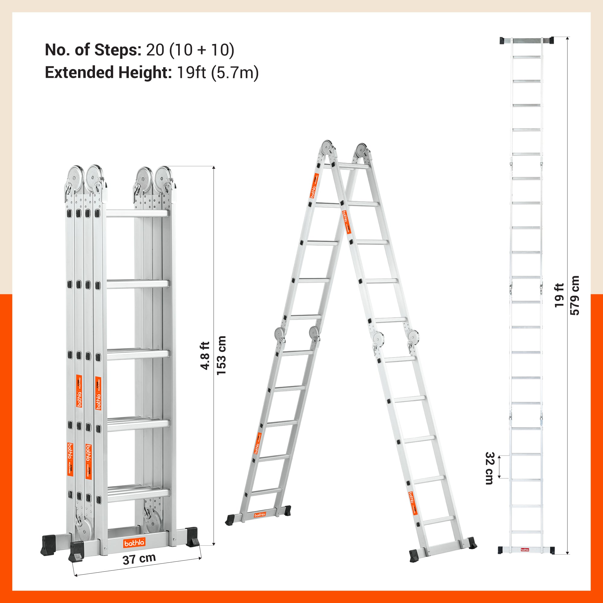 Bathla X-Tend 19 Ft Aluminium Multipurpose Foldable Step Ladder | Portable & Compact Folding Design | 150 Kg Load Capacity | 2-Year Warranty