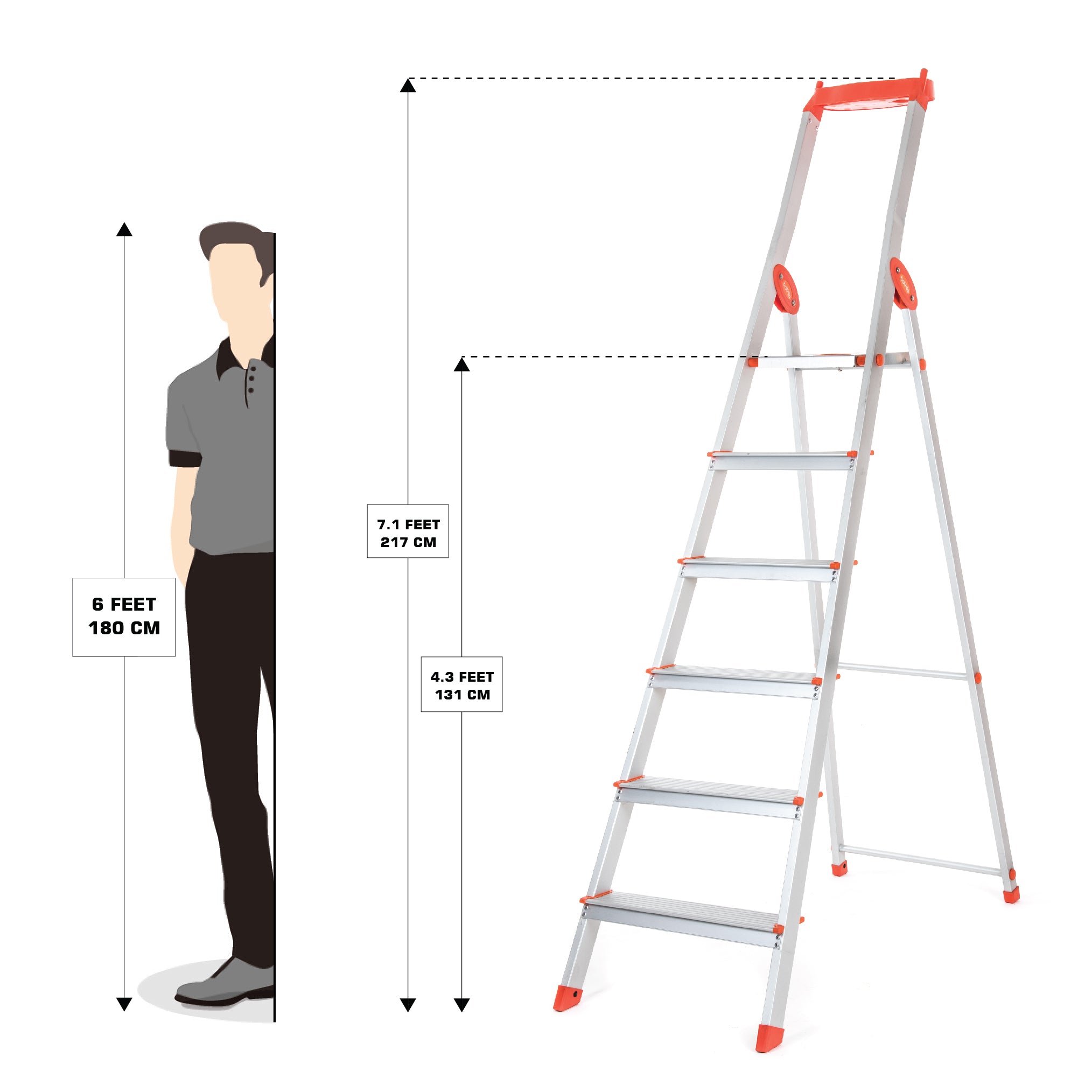 Bathla Elevate 6-Step Foldable Aluminium Ladder For Home with Tool Tray (Orange)