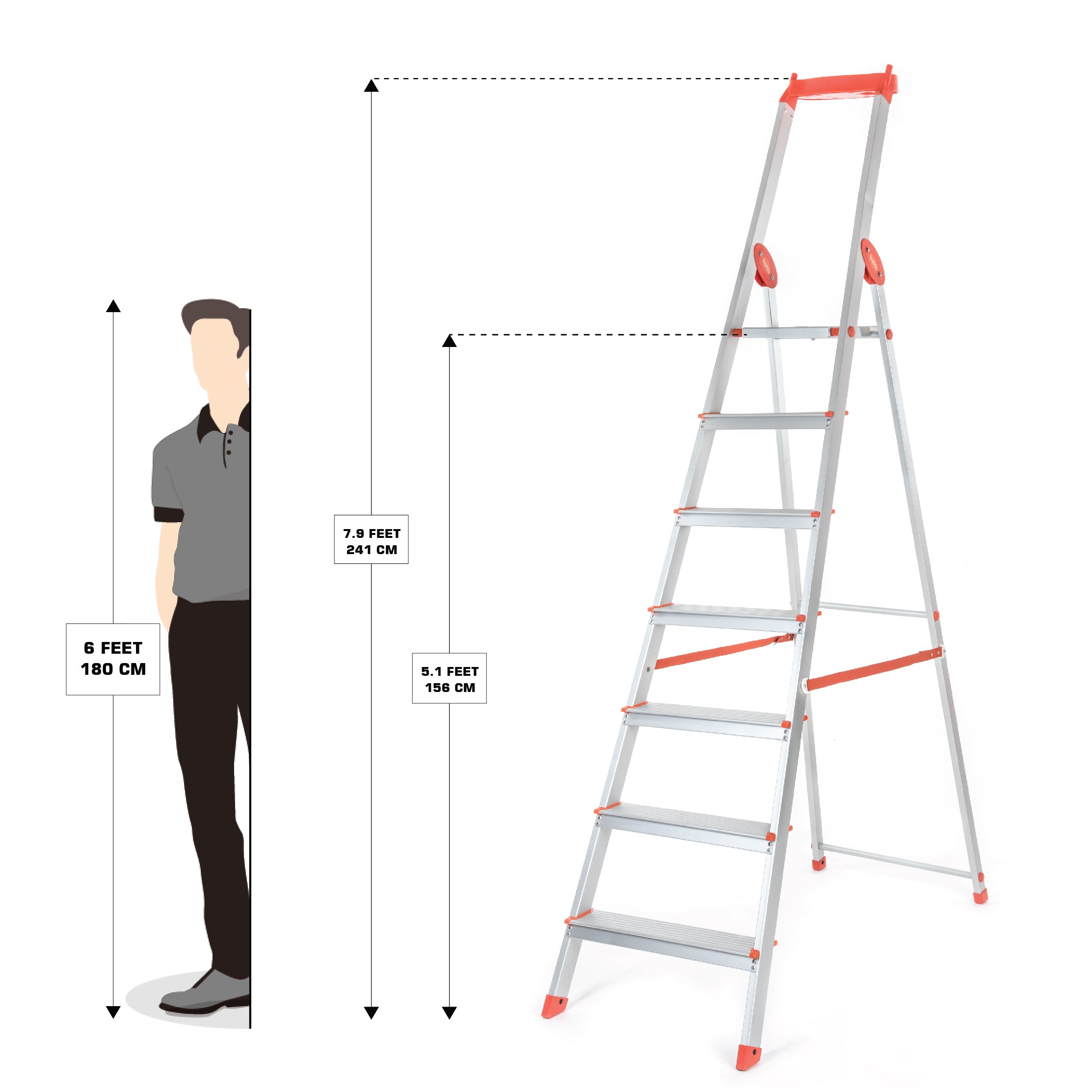 Bathla Elevate 7-Step Foldable Aluminium Ladder For Home with Tool Tray (Orange)