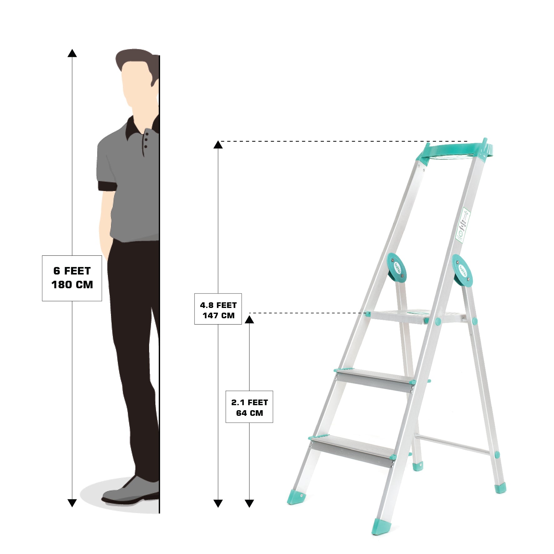 Bathla Elevate 3-Step Foldable Aluminium Ladder For Home with Tool Tray (Teal)