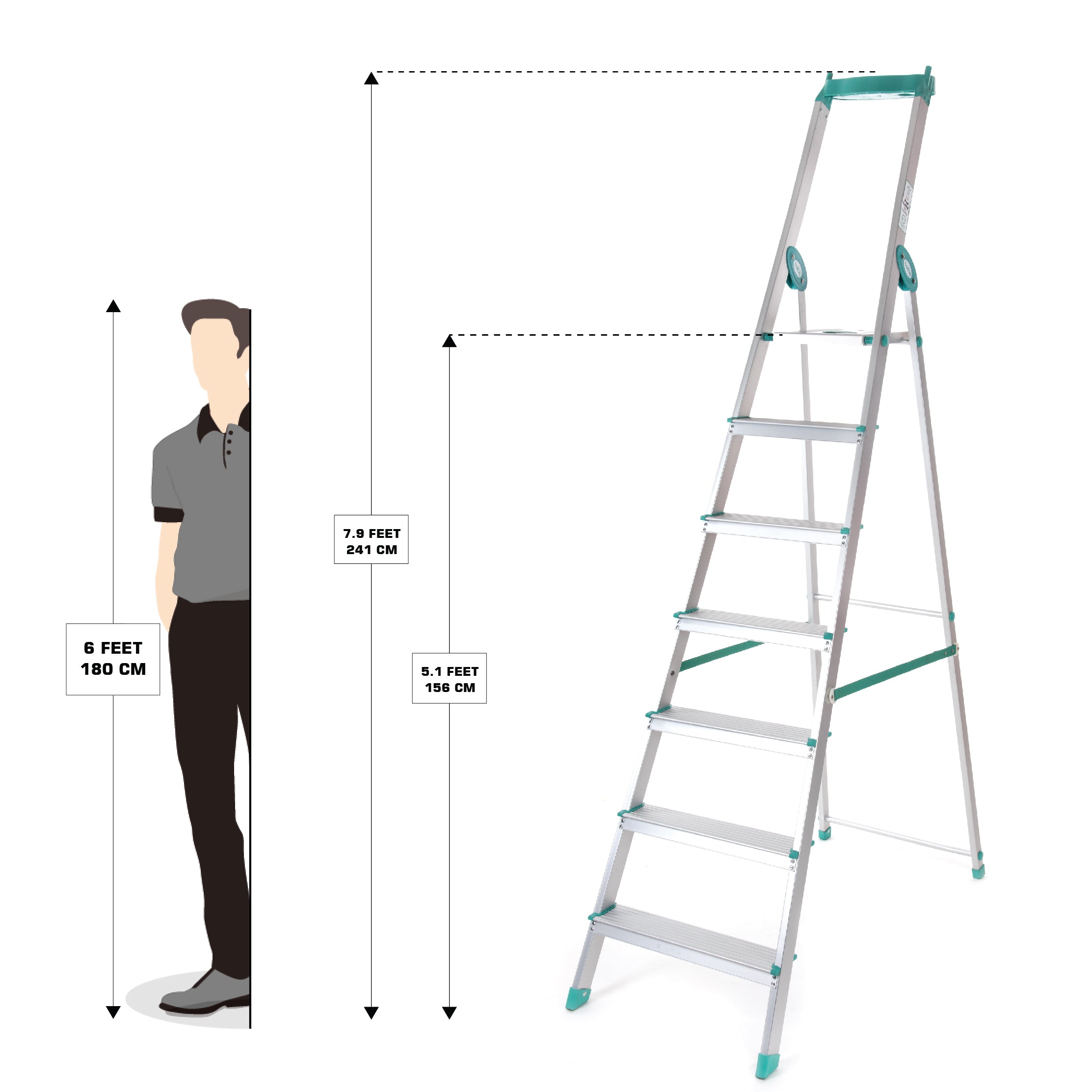 Bathla Elevate 7-Step Foldable Aluminium Ladder For Home with Tool Tray (Teal)