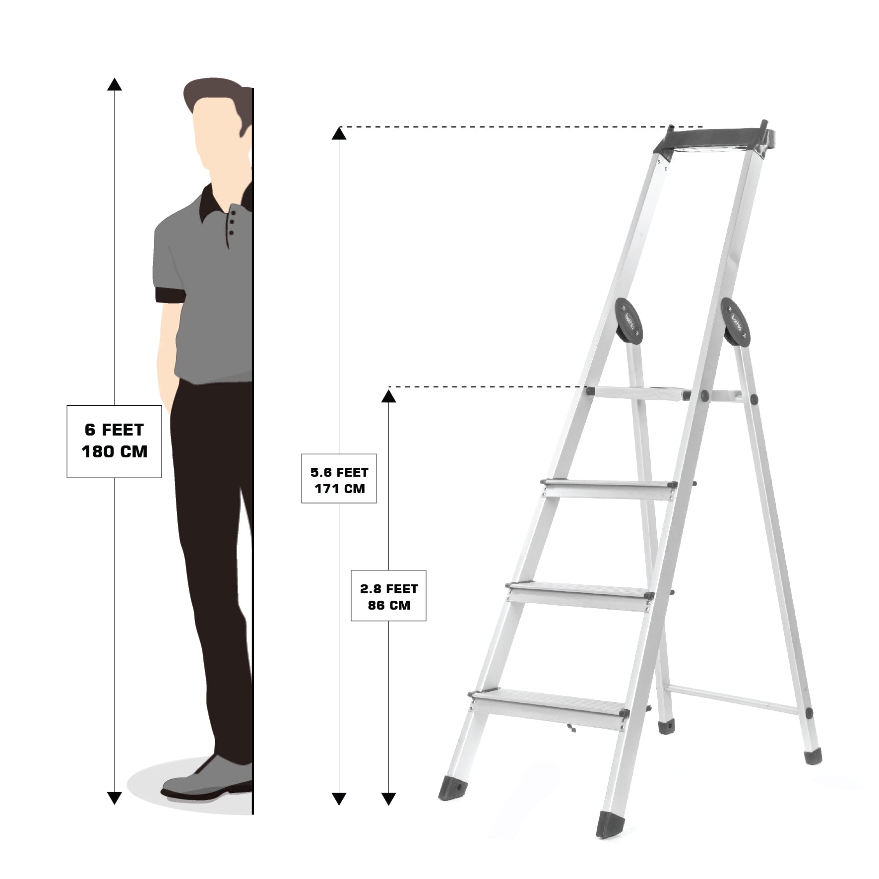 Bathla Elevate 4-Step Foldable Aluminium Ladder For Home with Tool Tray (Black)