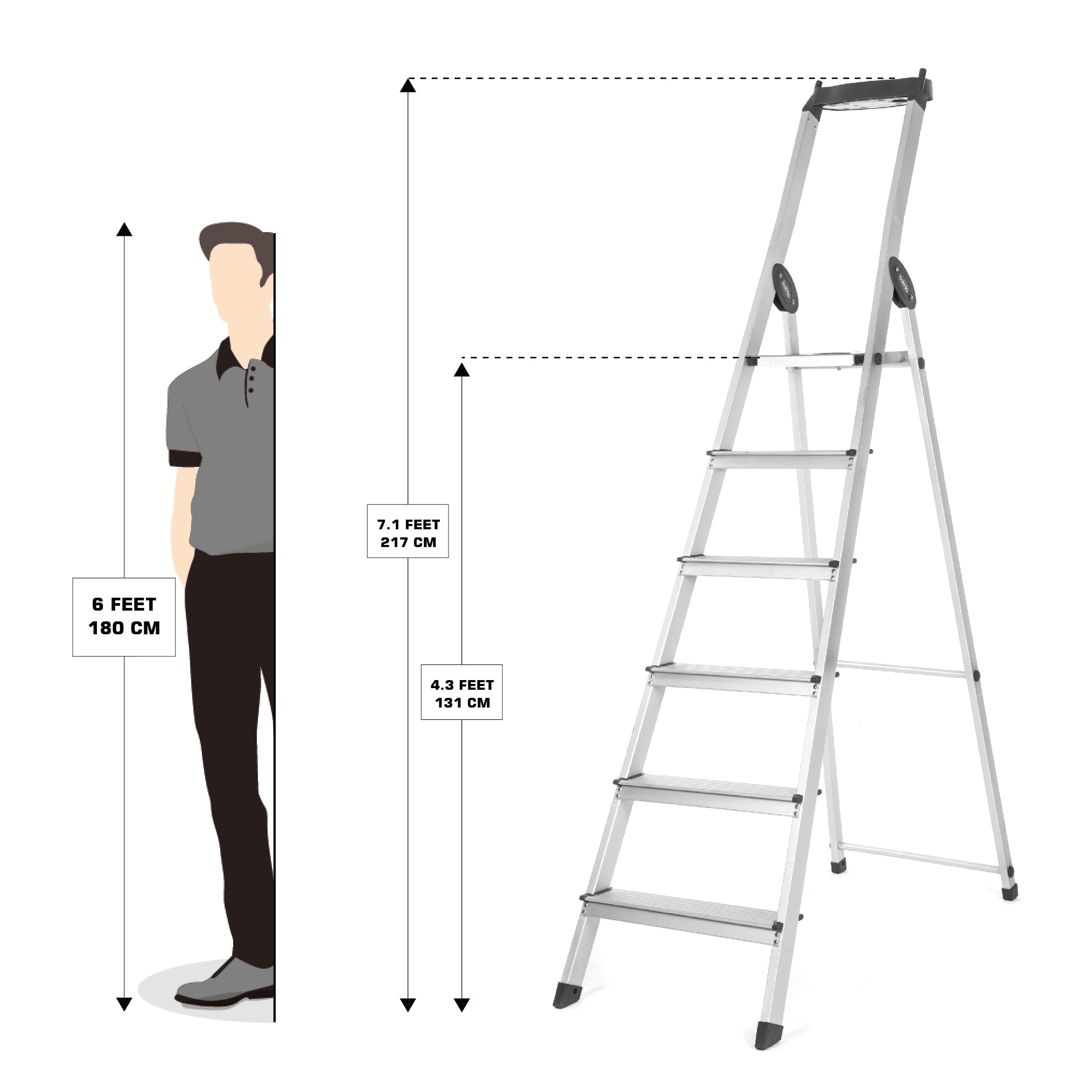 Bathla Elevate 6-Step Foldable Aluminium Ladder For Home with Tool Tray (Black)