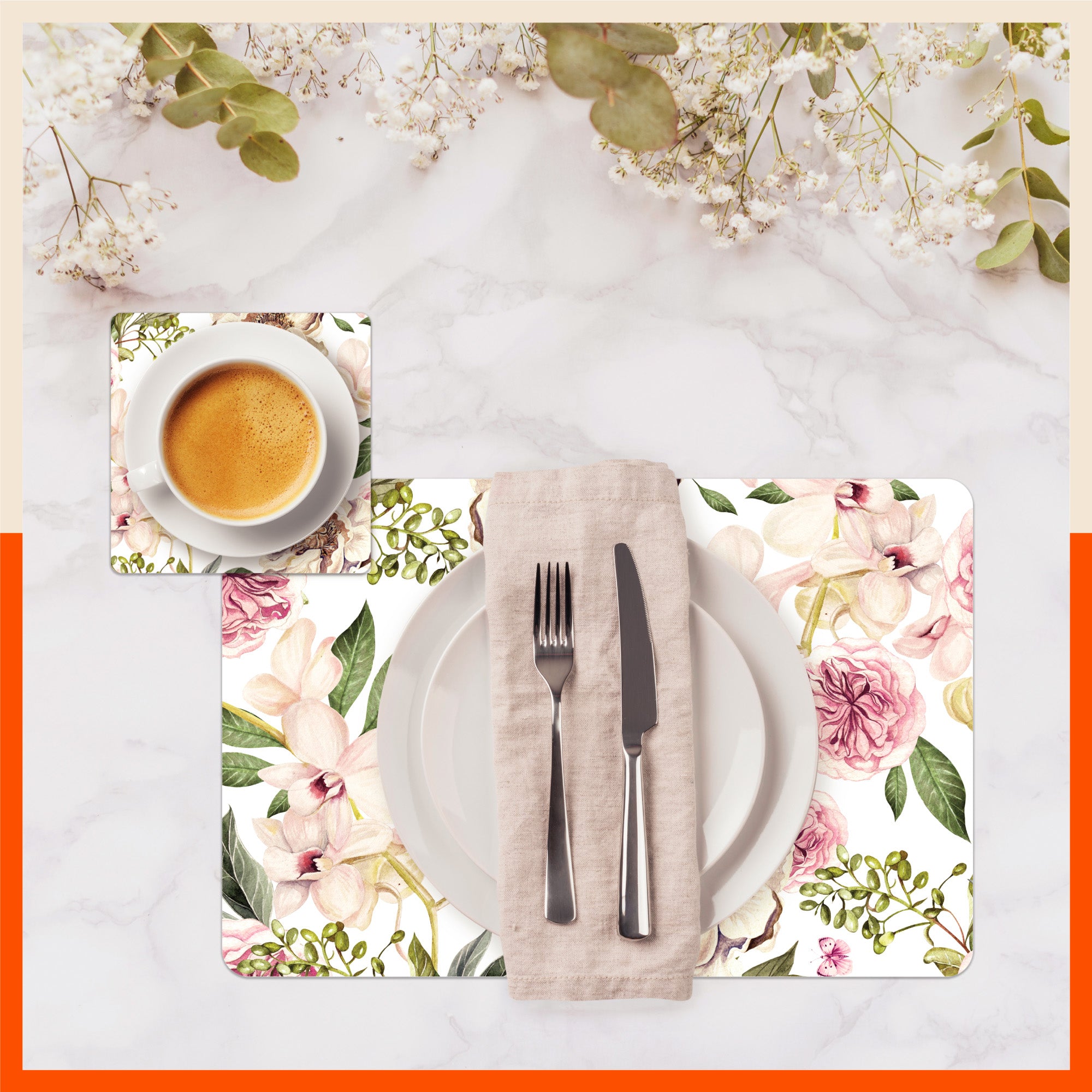 Polypropylene Table Mats & Coasters for Dining Table at Home (PEONY - Set of 6)