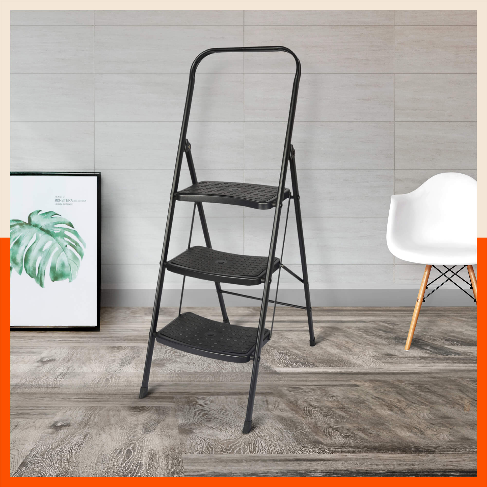 Bathla Boost Rhino 3 - Step Foldable Steel Ladder For Home (Black + Black)