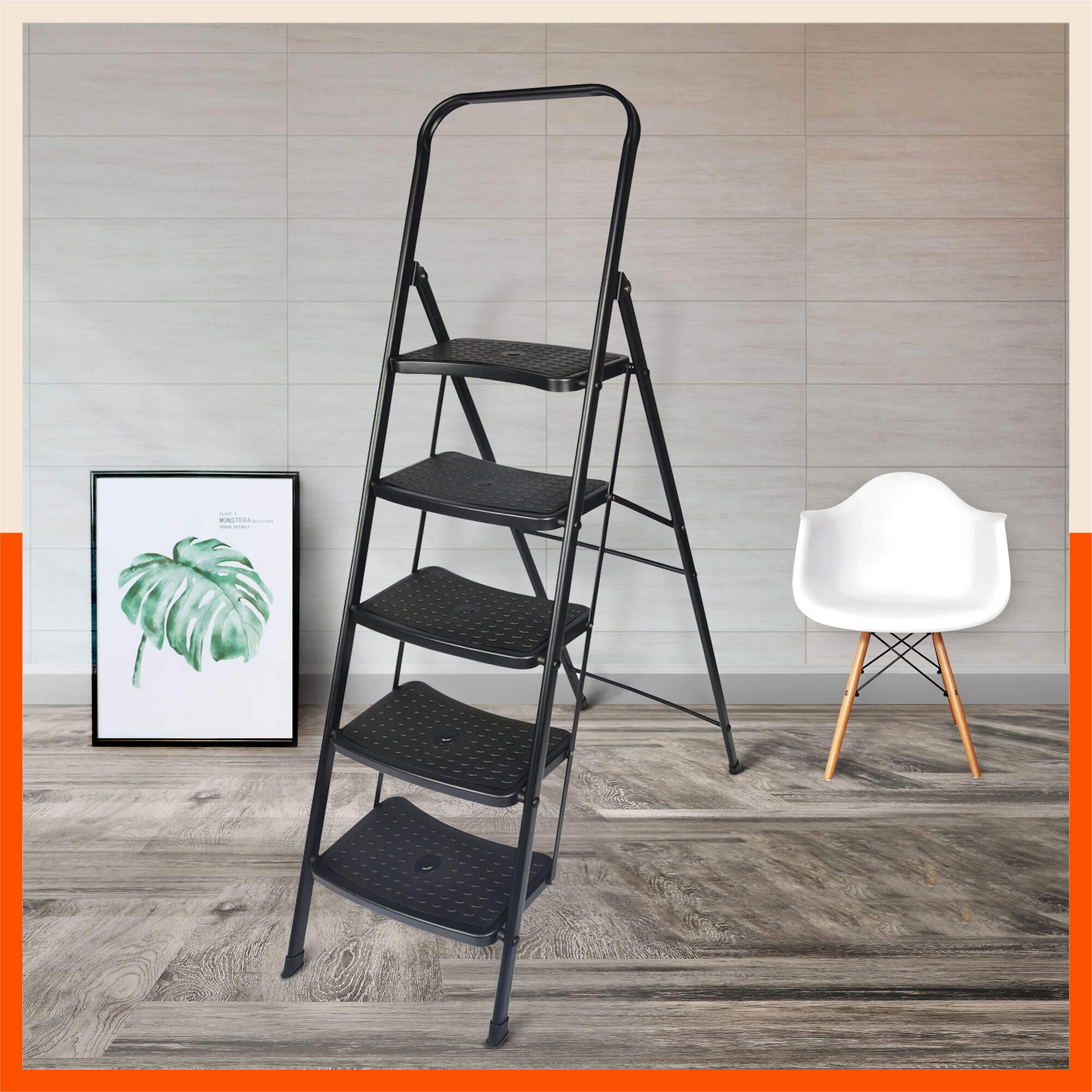 Bathla Boost Rhino 5 - Step Foldable Steel Ladder For Home (Black + Black)