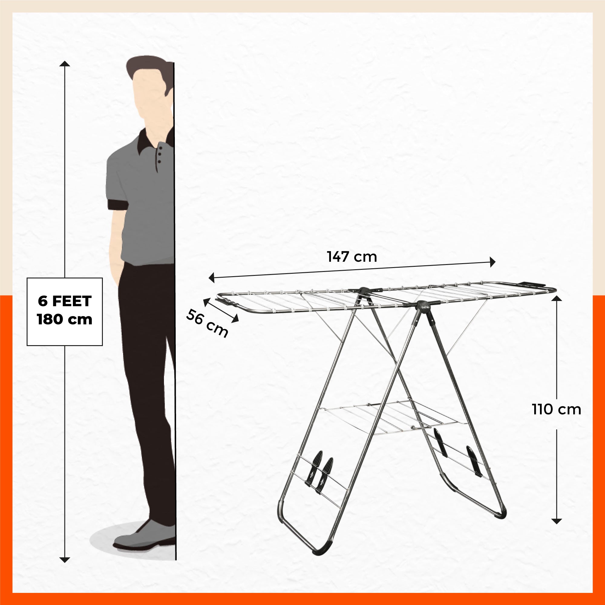 Bathla Mobidry Neo - Foldable Cloth Drying Stand for Home - Stainless Steel (Black)