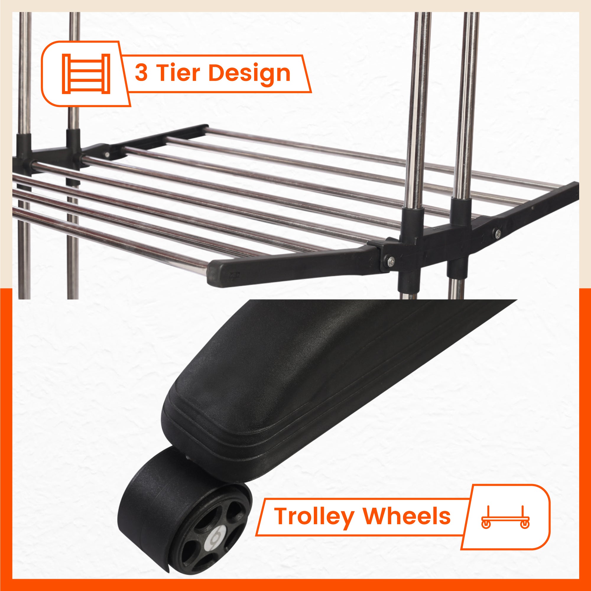 Bathla Mobidry Terra 3 Level Stainless Steel Modular Cloth Drying Stand For Home ( Black - Large)