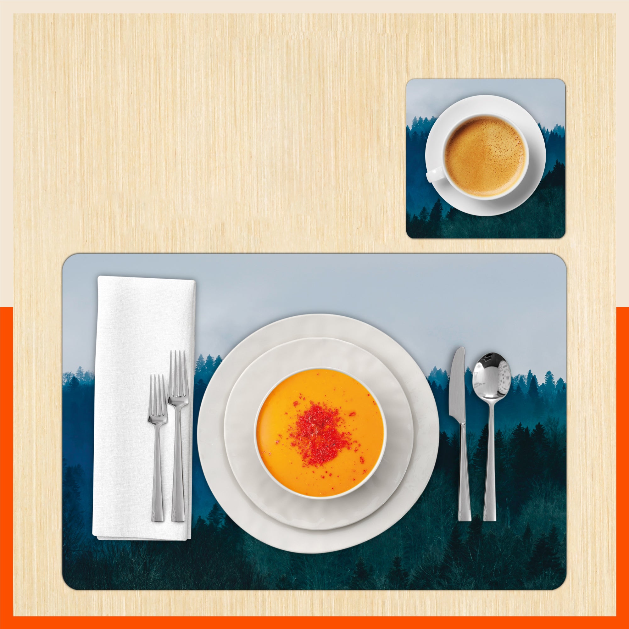 Polypropylene Table Mats & Coasters for Dining Table at Home (Misty Forest - Set of 6)