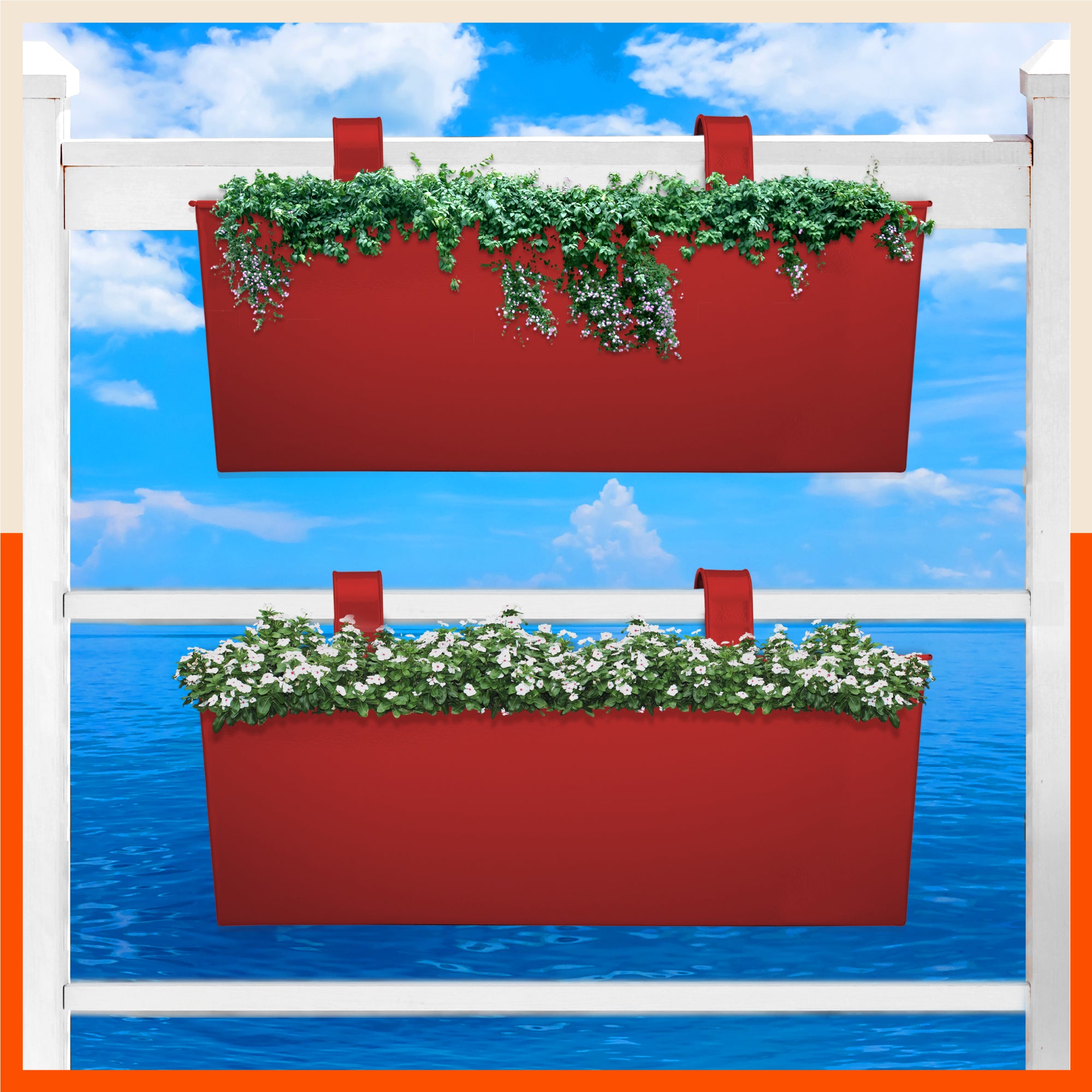 LEA Hanging Metal Pot Holders / Planters for Home / Balcony / Garden | Red - Set of 2