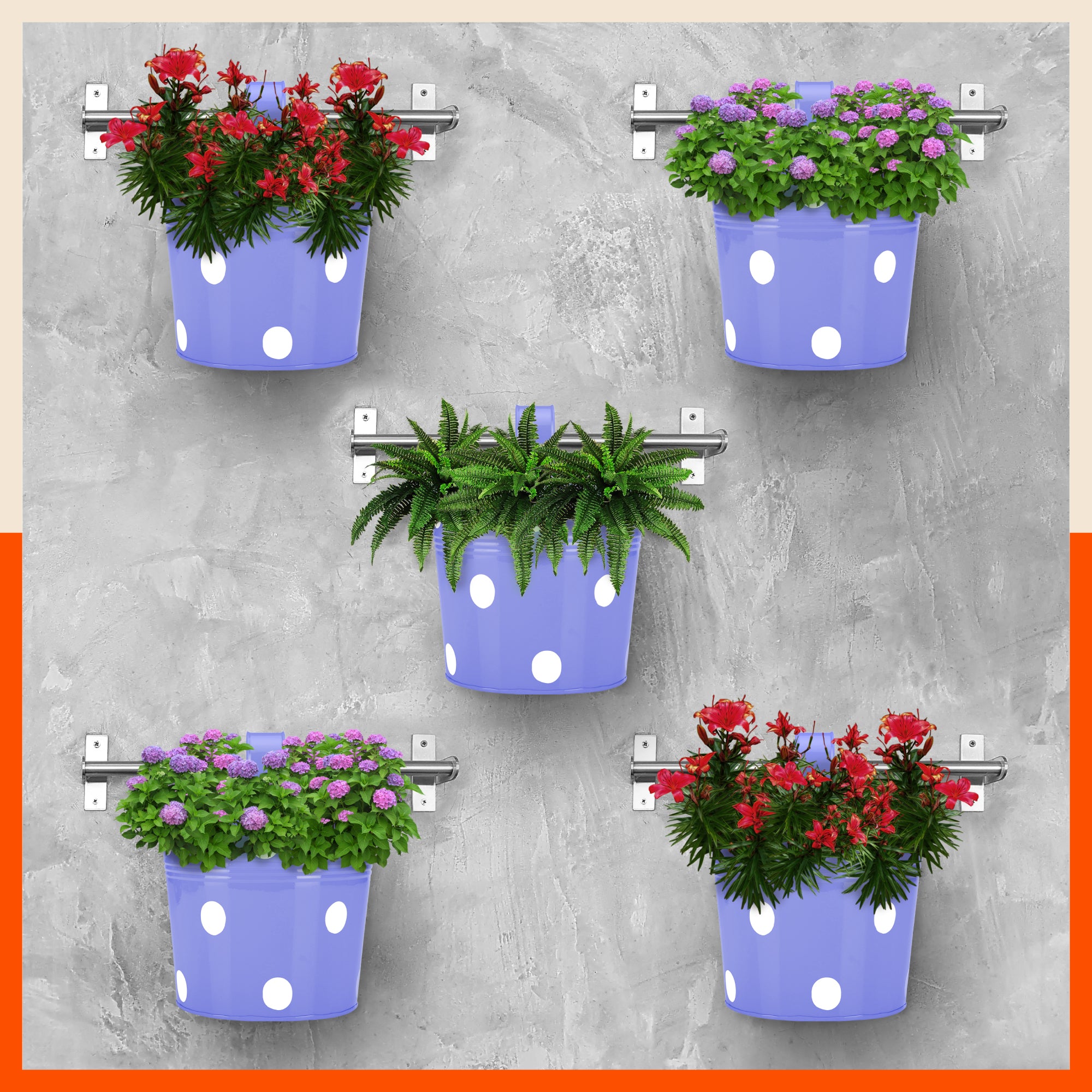 RUI Hanging Metal Pot Holders / Planters for Home / Balcony / Garden | Lavender - Set of 5