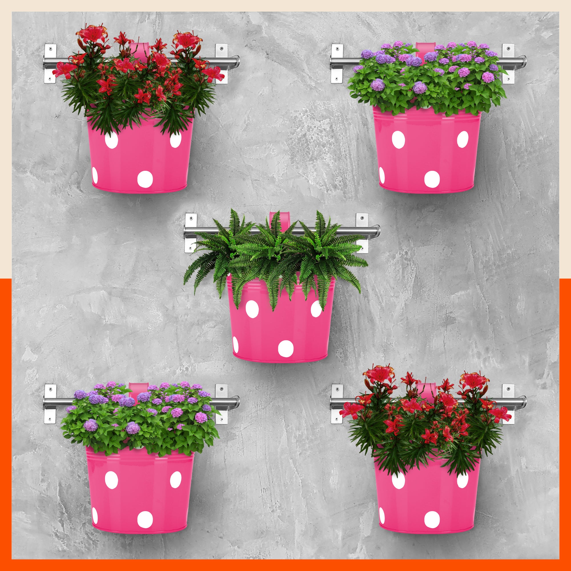 RUI Hanging Metal Pot Holders / Planters for Home / Balcony / Garden | Pink - Set of 5