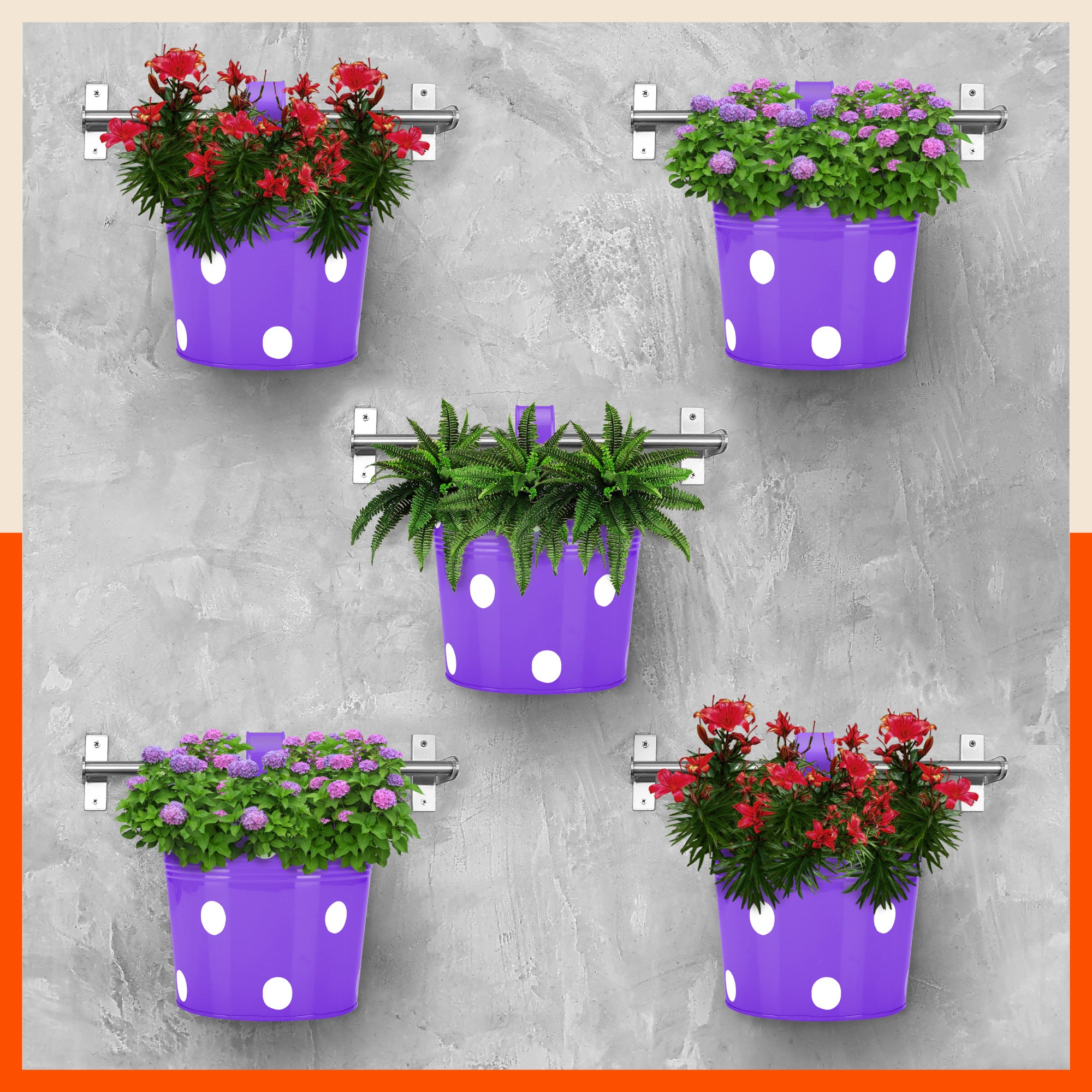 RUI Hanging Metal Pot Holders / Planters for Home / Balcony / Garden | Purple - Set of 5