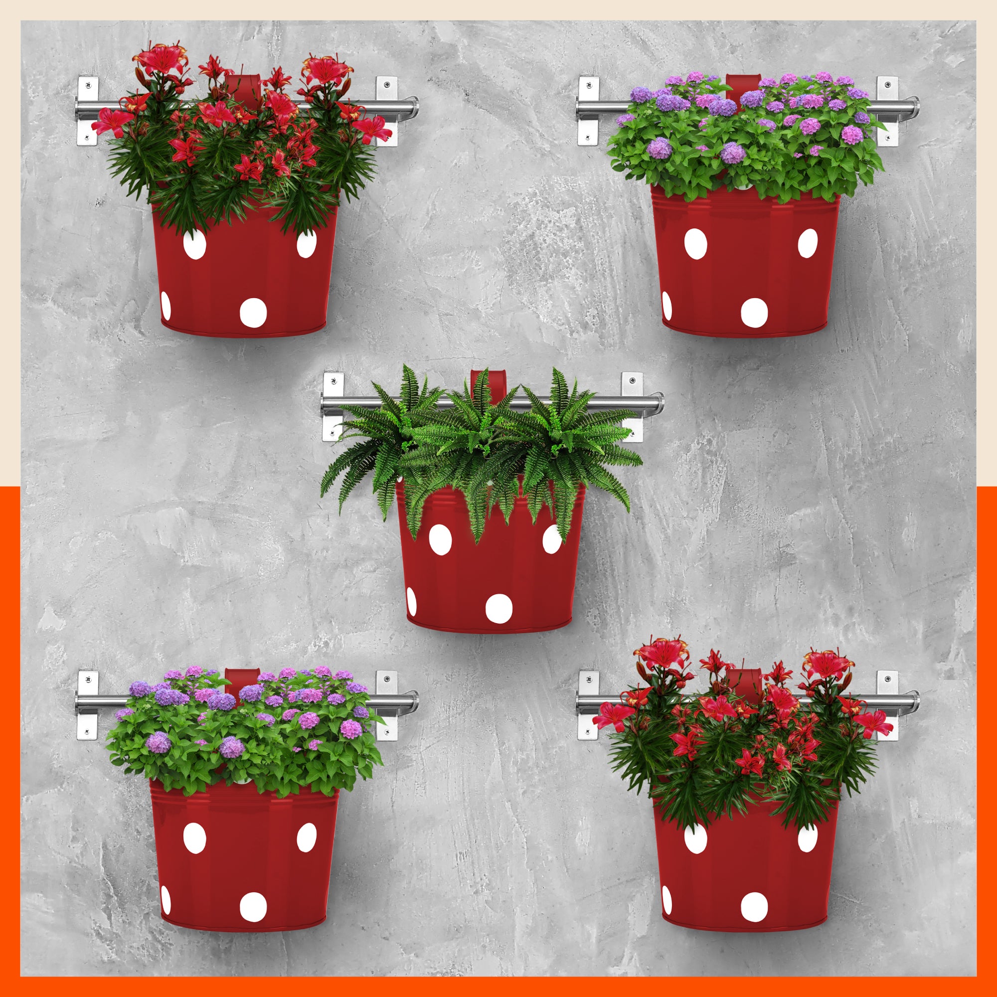 RUI Hanging Metal Pot Holders / Planters for Home / Balcony / Garden | Red - Set of 5