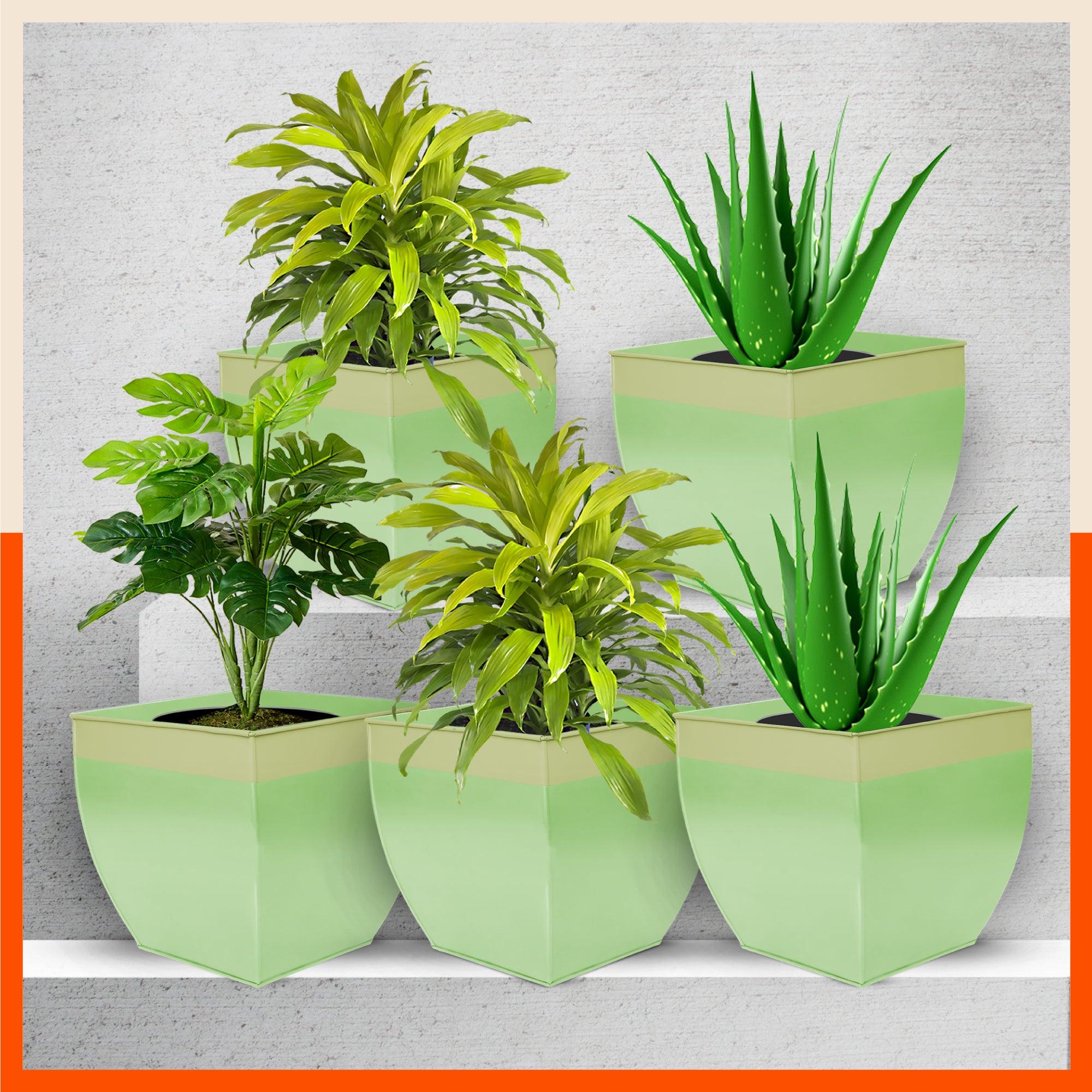 MYLA Metal Square Planters / Pots for Home / Garden / Balcony | Large – Tree & Lawn - Set of 5