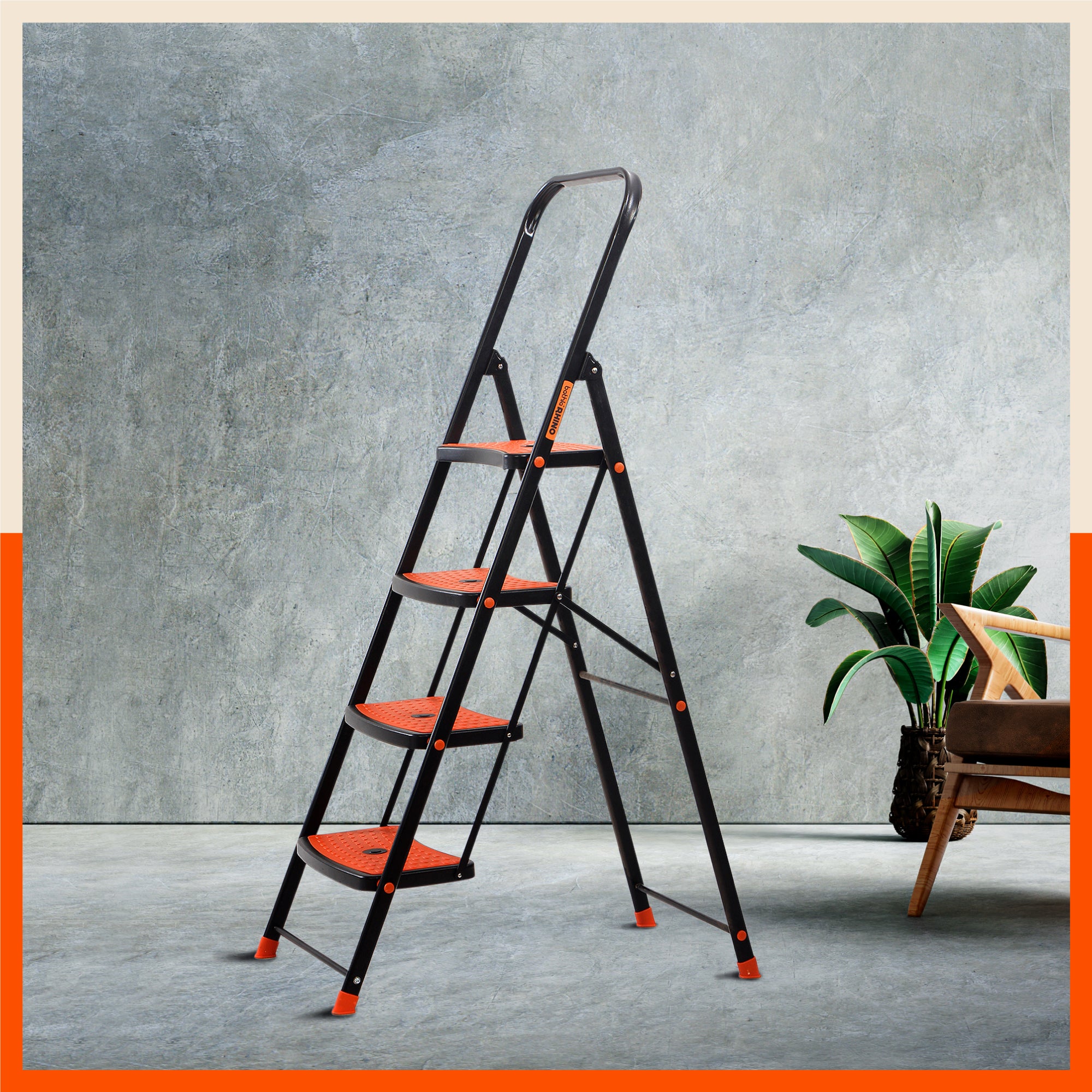 Bathla Boost Rhino 4 - Step Foldable Steel Ladder For Home (Black + Orange)