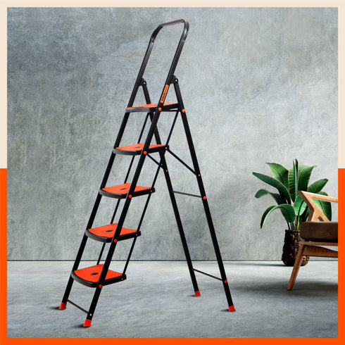 Bathla Boost Rhino 5 - Step Foldable Steel Ladder For Home (Black + Orange)