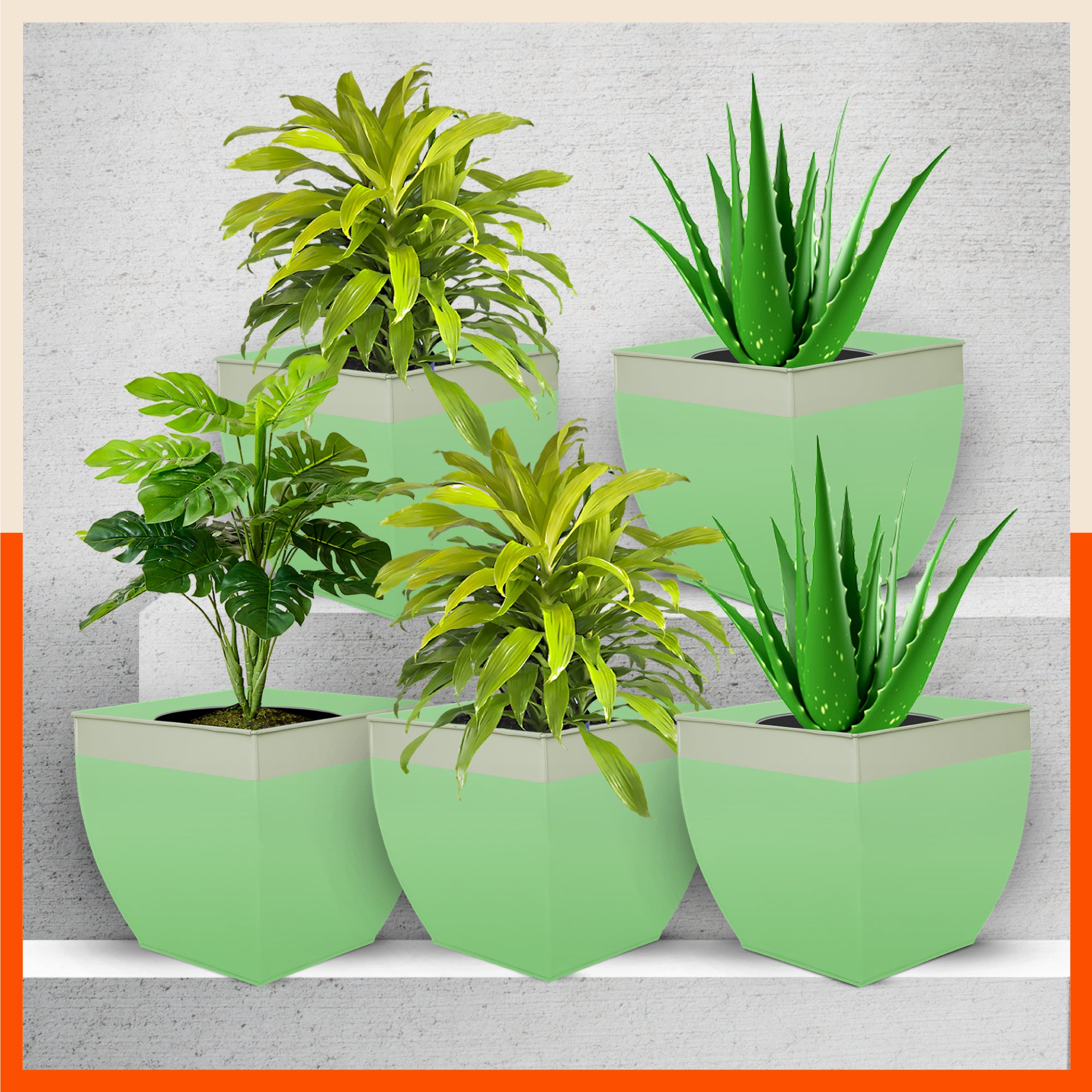 MYLA Metal Square Planters / Pots for Home / Garden / Balcony | Large – Grass & White - Set of 5