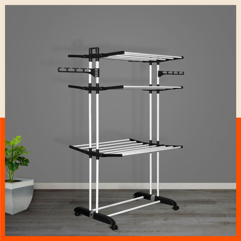 Bathla Mobidry Terra 3 Level Steel Modular Cloth Drying Stand For Home (Black - Large) Made in India