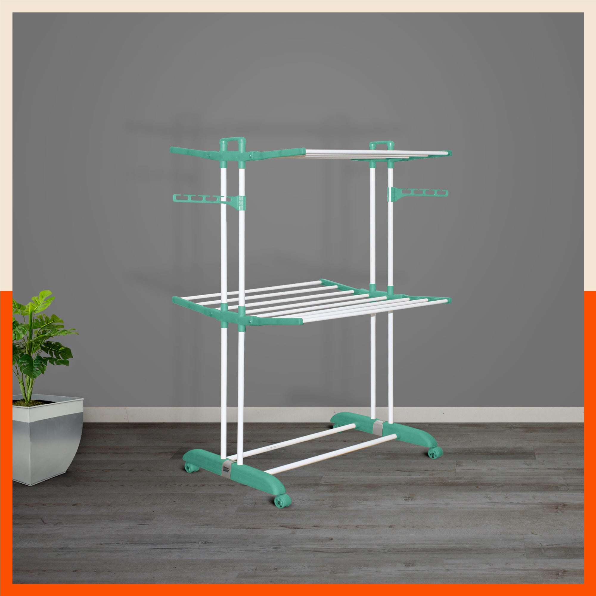 Bathla Mobidry Terra 2 Level Steel Modular Cloth Drying Stand For Home (Teal - Medium) Made in India